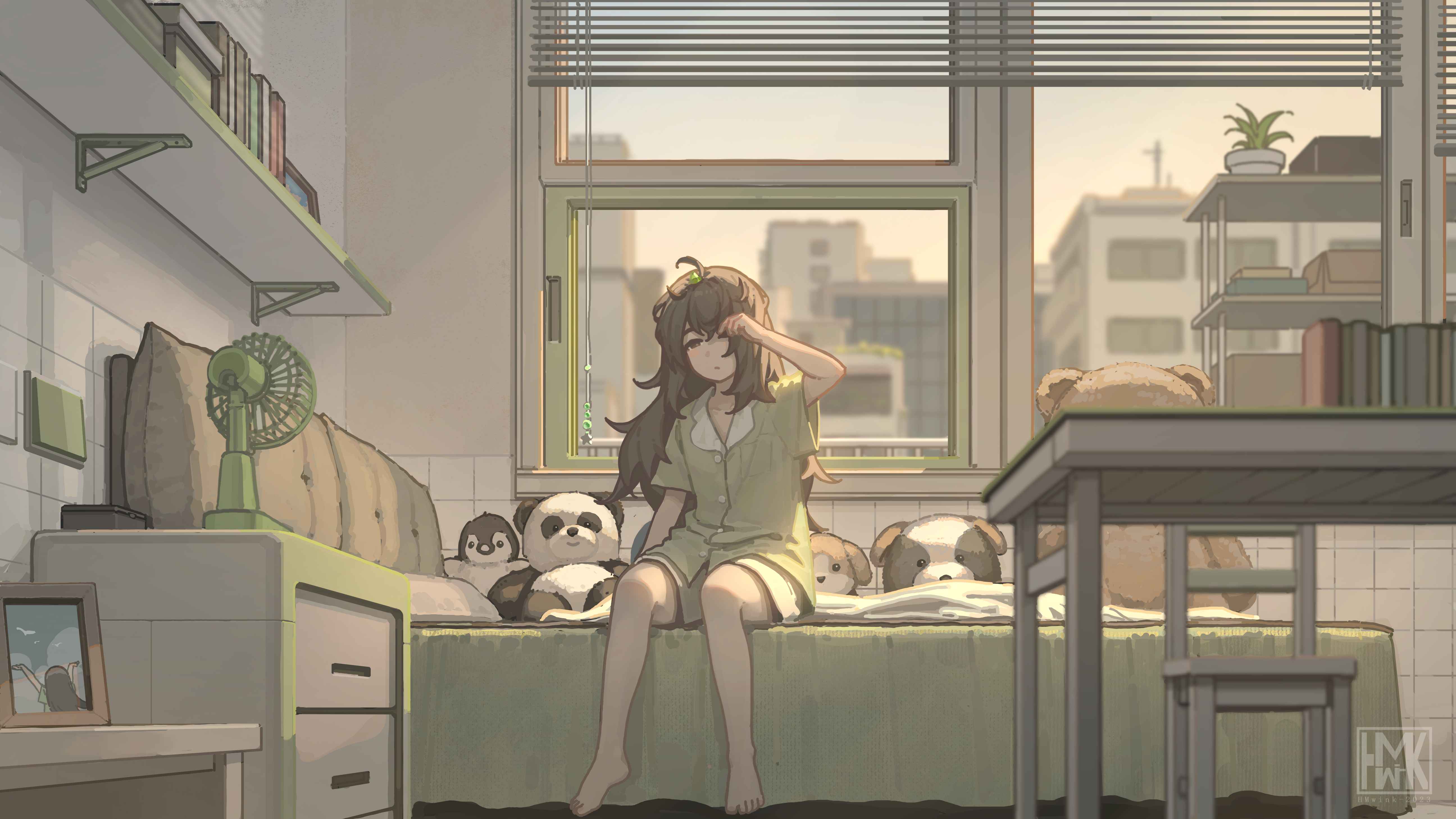 Anime 5184x2916 anime girls bedroom long hair plush toy window feet bed fans chair table pyjamas teddy bears indoors women indoors one eye closed picture barefoot sitting blinds panda bears dog penguins Hua Ming wink