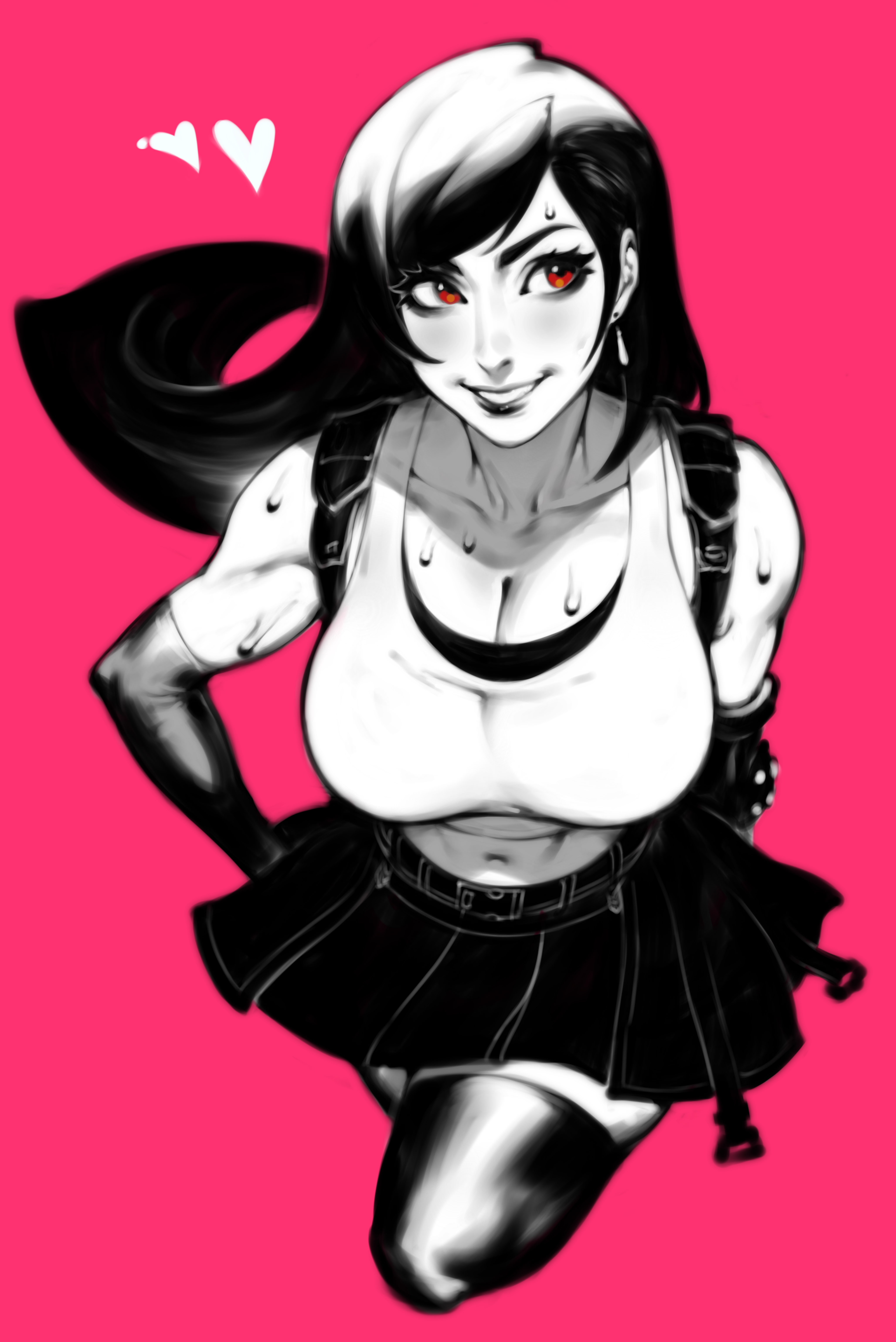 General 4111x6156 ZELUS Tifa Lockhart drawing digital art portrait display cleavage big boobs sweat stockings skirt frills looking away minimalism simple background earring red background heart video game characters smiling video game girls belly button long hair red eyes black hair