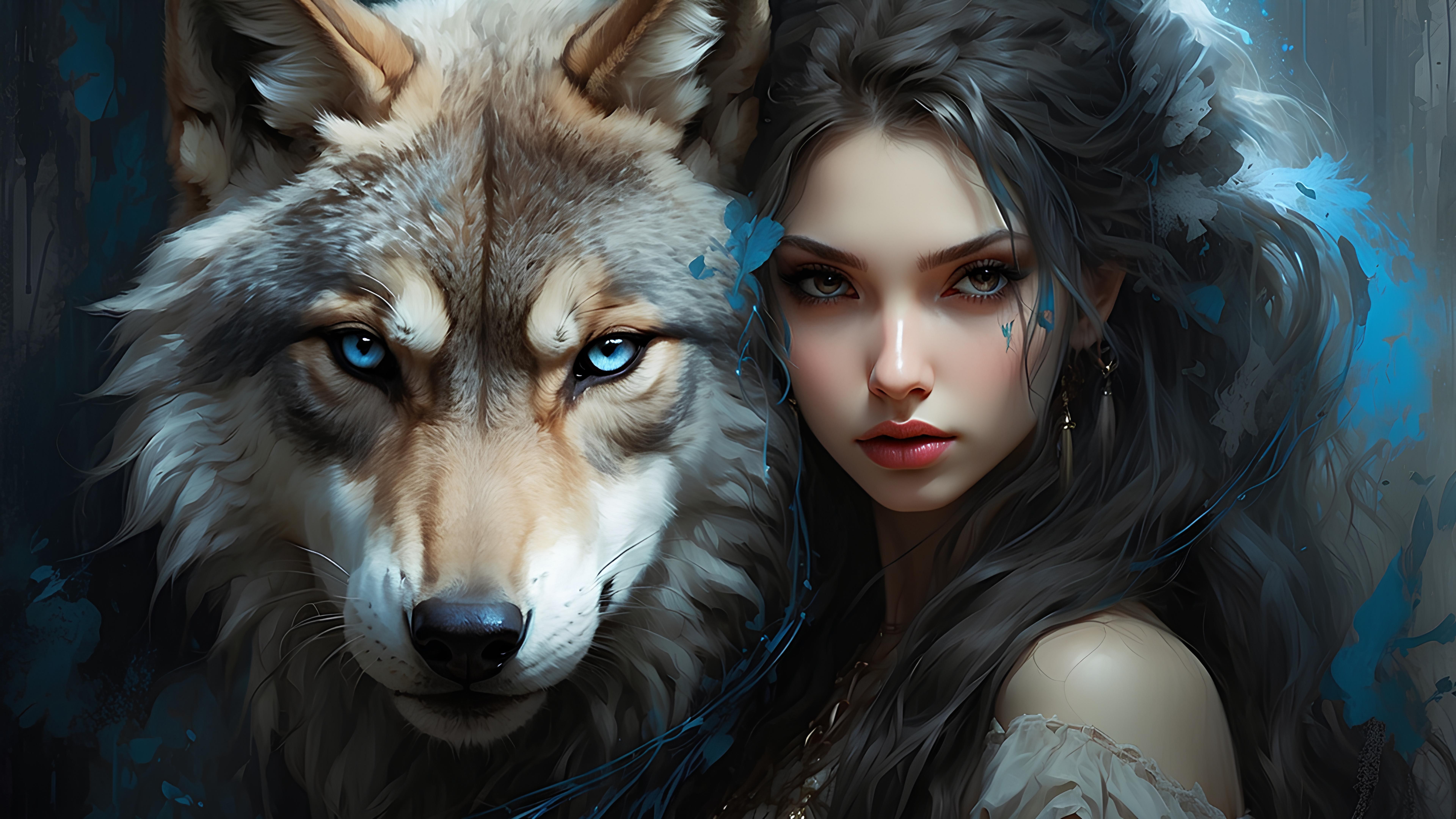 looking at viewer, women, parted lips, long hair, AI art, wolf, black ...