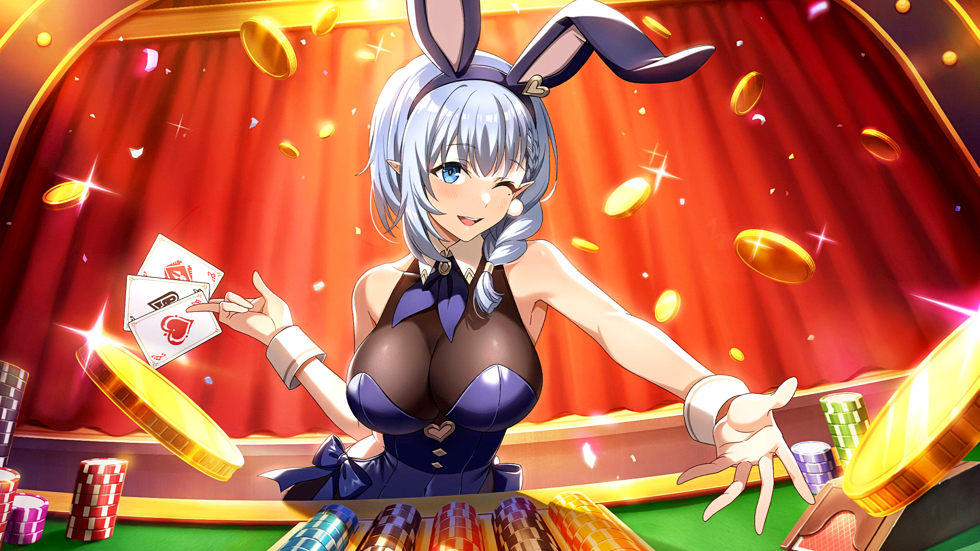 Anime 1920x1080 The Eminence in Shadow anime Natsume (Beta) Shadow Garden casino bunny girl elves cards coins wink one eye closed moles mole under eye bunny suit big boobs poker chips looking at viewer smiling bare shoulders stars pointy ears bunny ears blue eyes blue hair