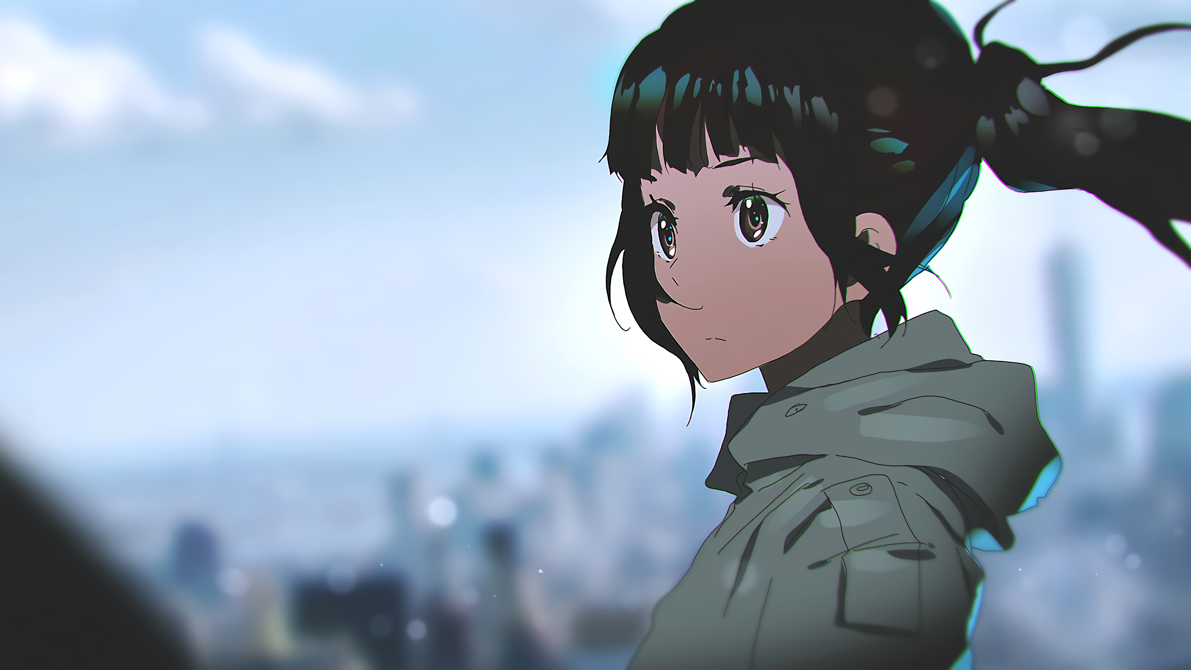 Anime 3840x2160 Tom Skender anime girls anime DeviantArt face looking away blurred blurry background ponytail clouds hoods closed mouth frown simple background minimalism