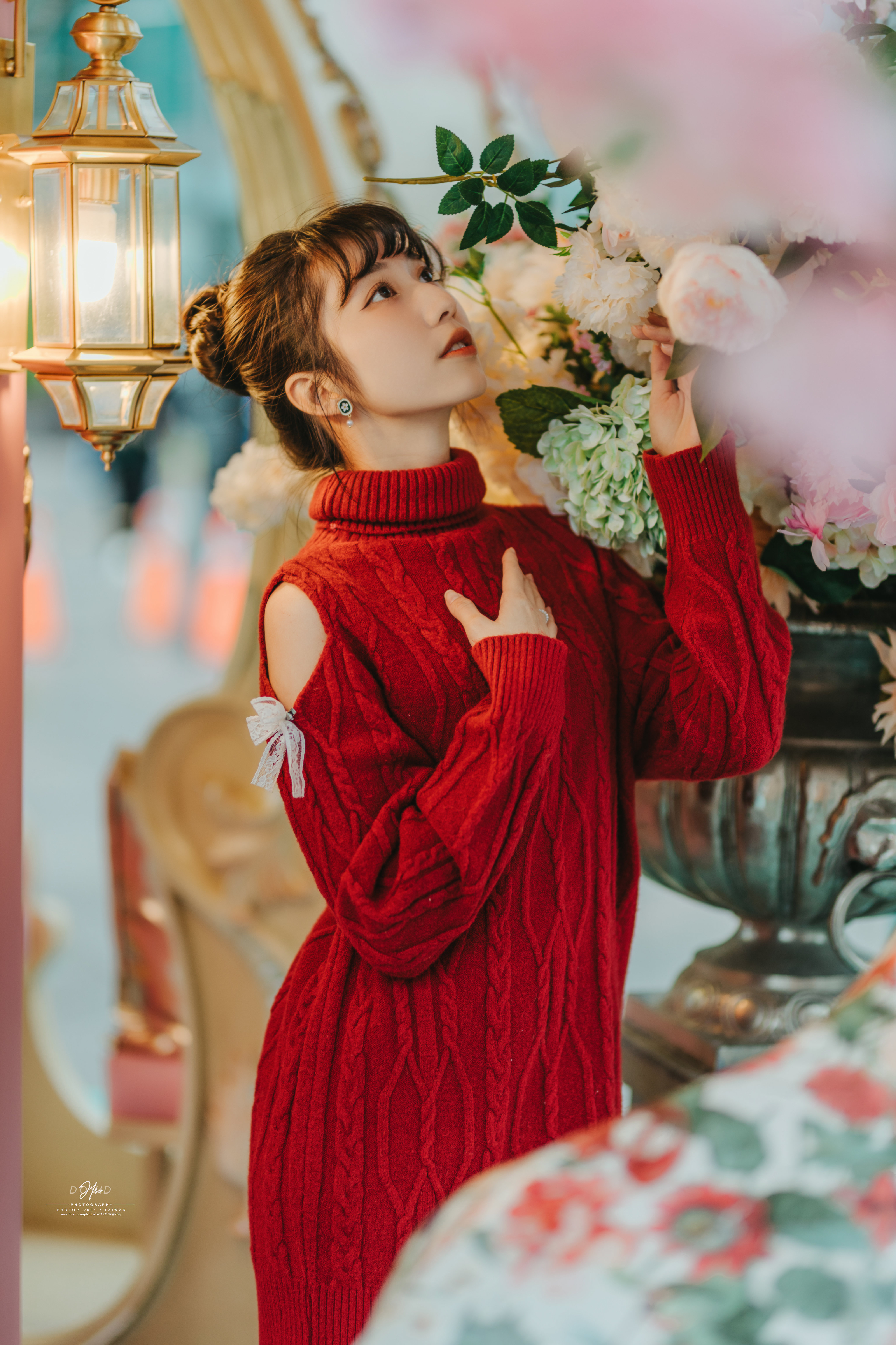 People 4096x6144 David Hsu women Asian brunette hairbun sweater red clothing depth of field