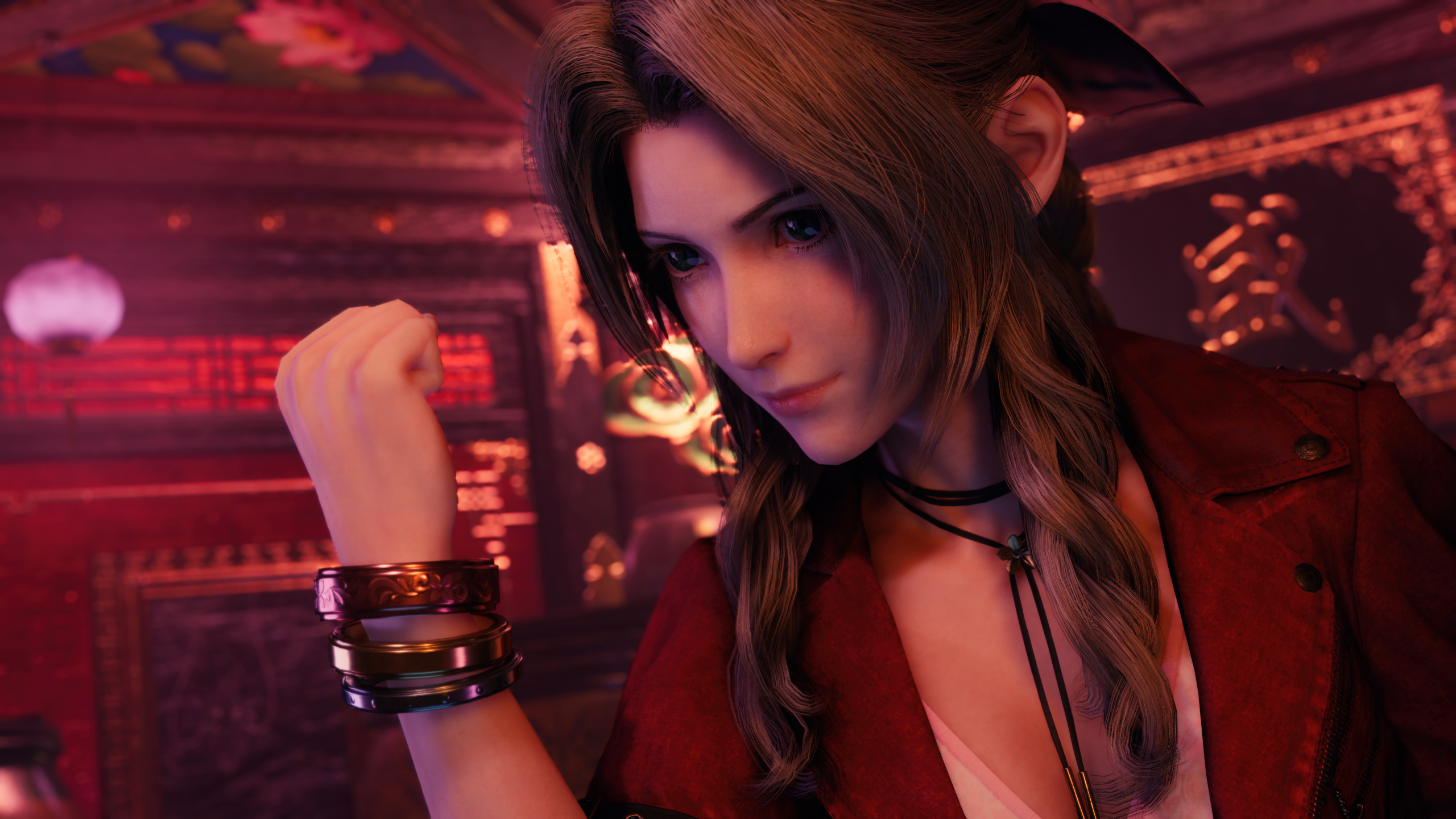 General 2560x1440 Final Fantasy VII: Remake Aerith Gainsborough CGI video game girls brunette long hair bracelets video games closed mouth video game art screen shot video game characters smiling depth of field