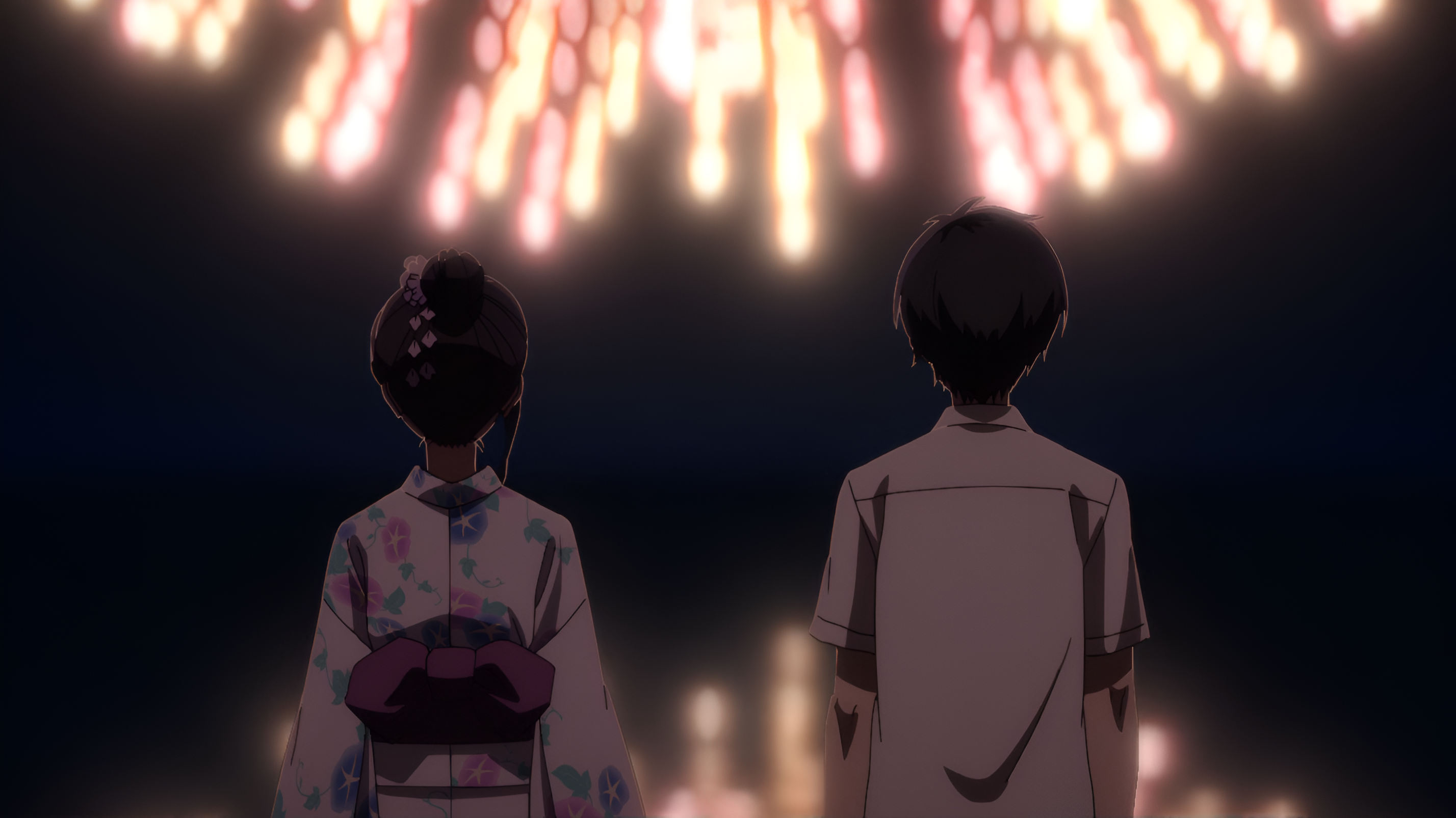 Anime 2856x1606 The Tunnel to Summer, the Exit of Goodbye fireworks yukata anime girls anime boys night sky standing anime Anime screenshot