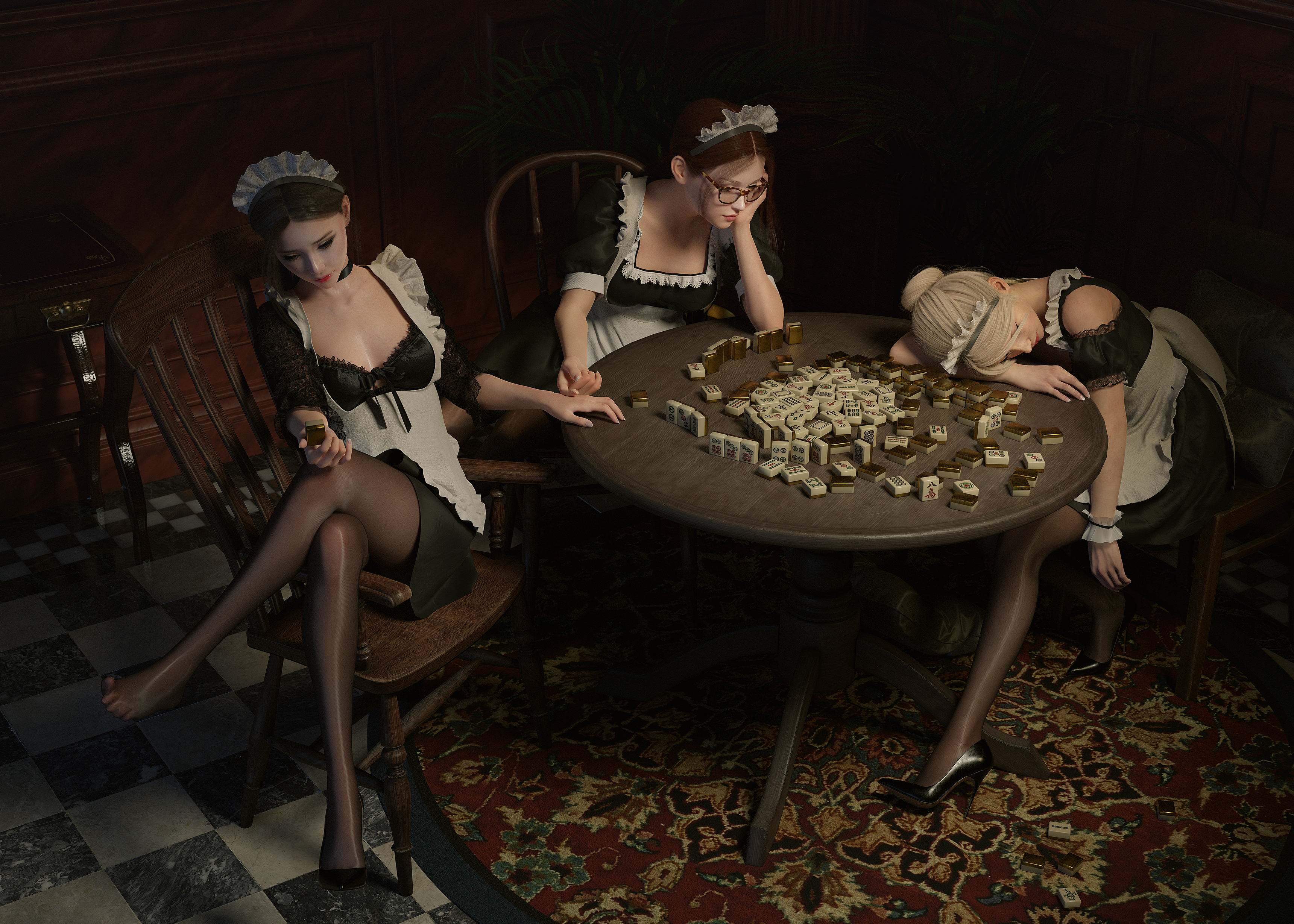 General 3440x2457 maid digital art women original characters CGI Lou LL table maid outfit sitting checkered legs crossed mahjong board games pantyhose chair indoors women indoors glasses choker hand on face black heels