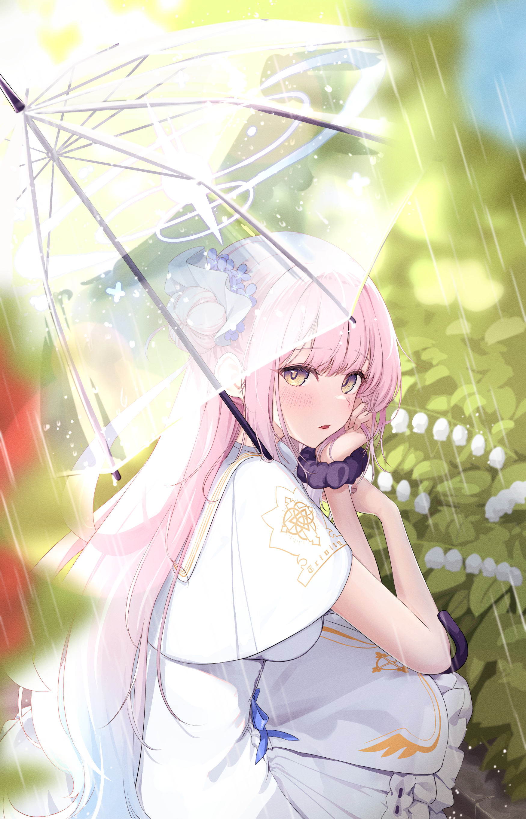 Anime 1750x2724 anime anime girls Pixiv Misono Mika Blue Archive squatting leaves hand on face blurred blurry background rain umbrella dress looking at viewer long hair pink hair yellow eyes portrait display sunlight digital art