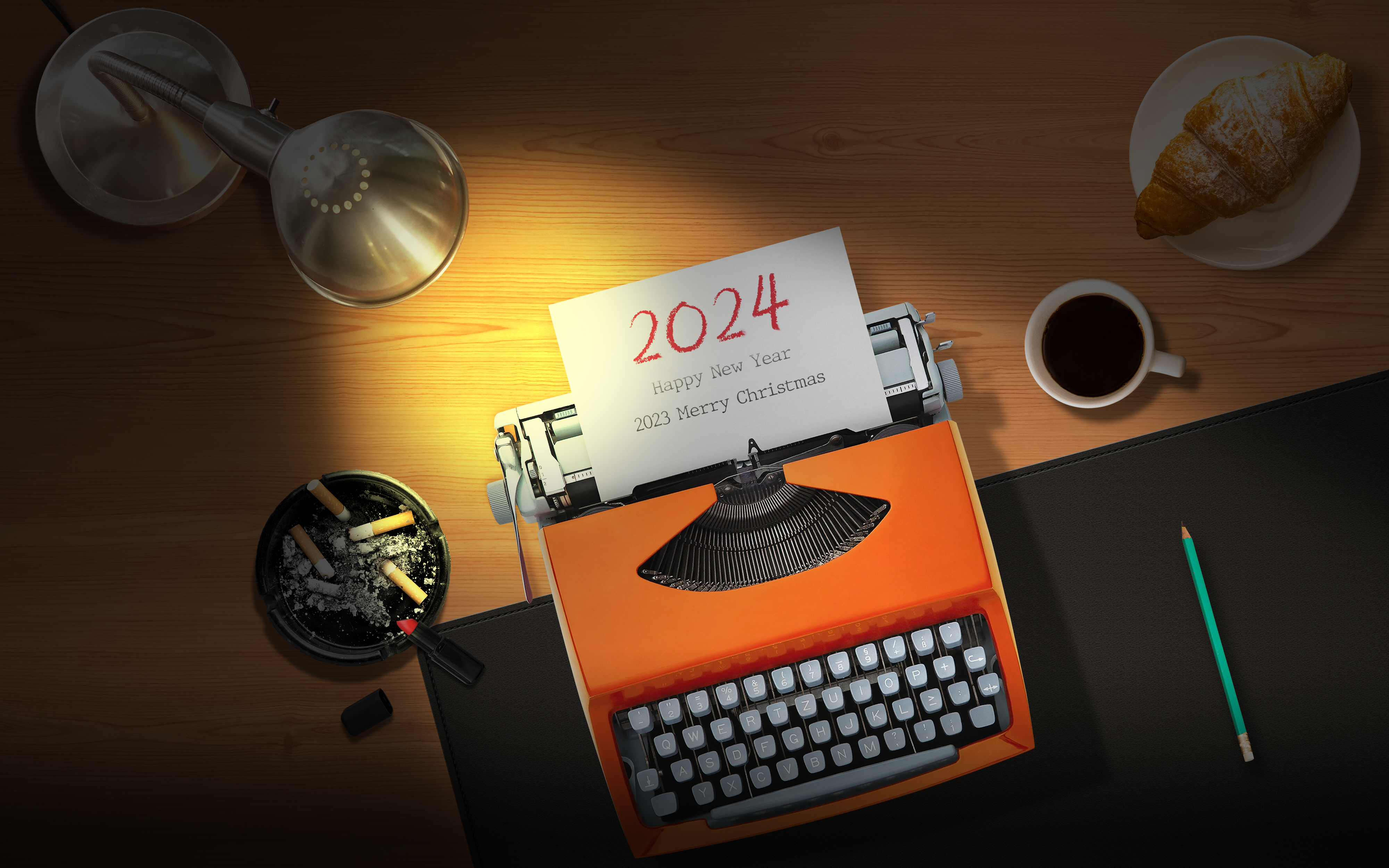 General 4000x2500 2024 (year) New Year typewriters lamp cigarettes drink ashtrays wooden table cup coffee plates pencils croissants holiday