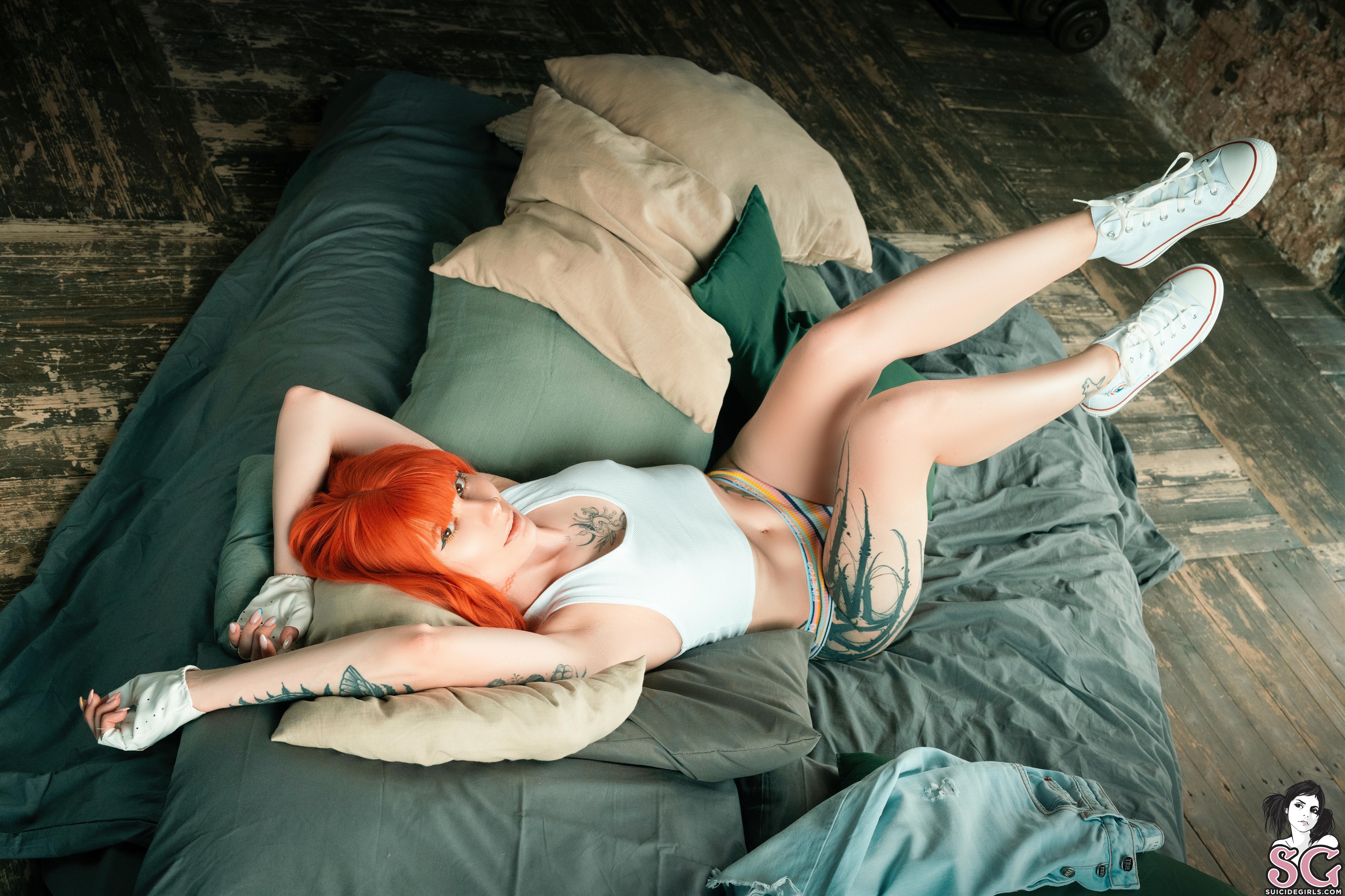 People 3560x2373 Santa Moray Suicide Girls women model women indoors redhead lying on back couch inked girls tattoo panties tank top white tops looking at viewer Converse All Star skinny underwear no socks