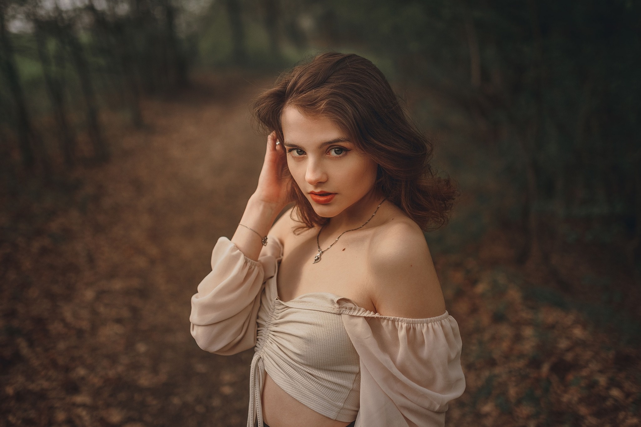 People 2048x1365 Jiri Tulach model brunette looking at viewer forest red lipstick bare shoulders hands in hair bare midriff no bra nipple bulge Nicol