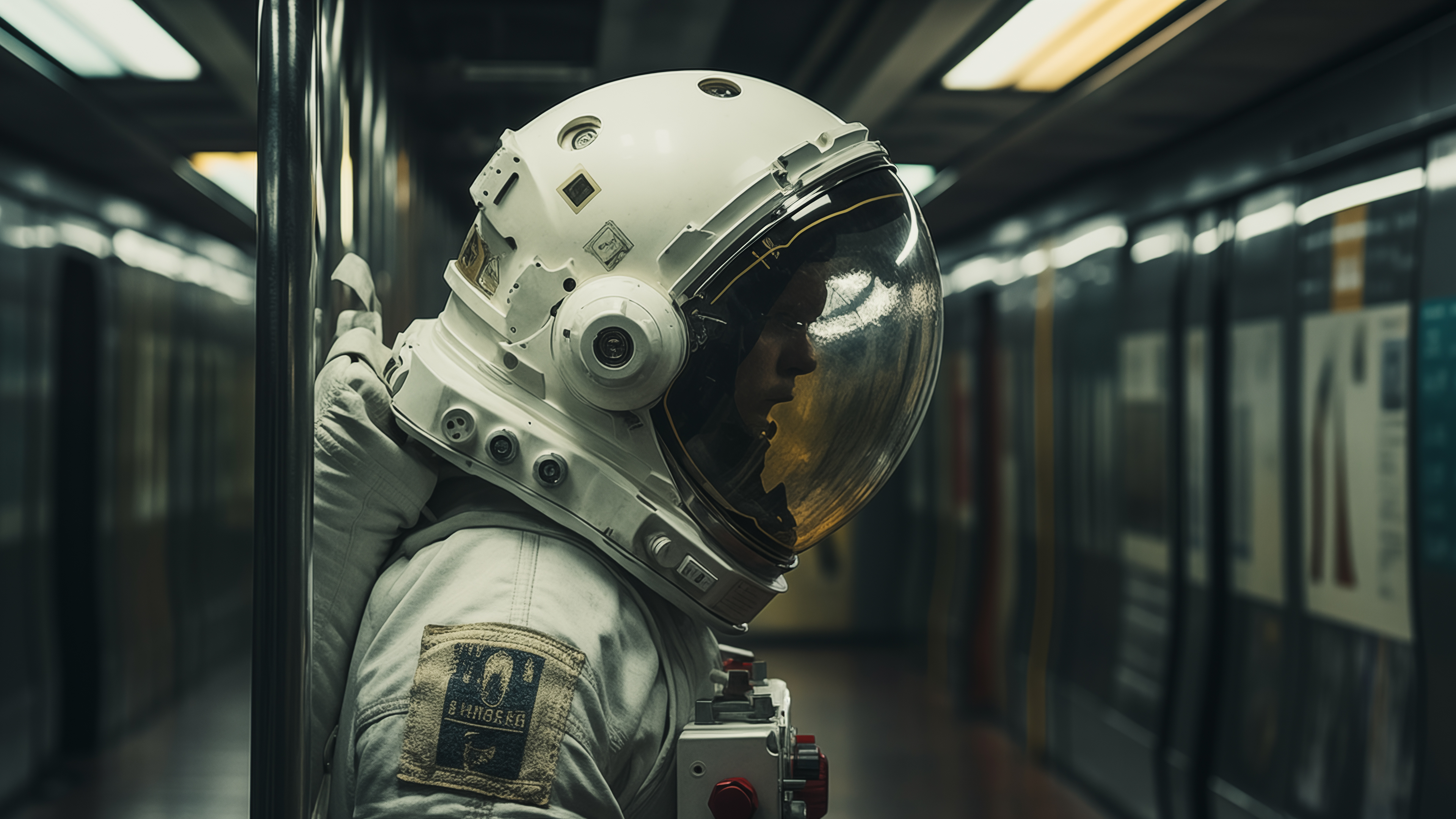 General 3840x2160 AI art astronaut helmet subway blurred blurry background digital art spacesuit