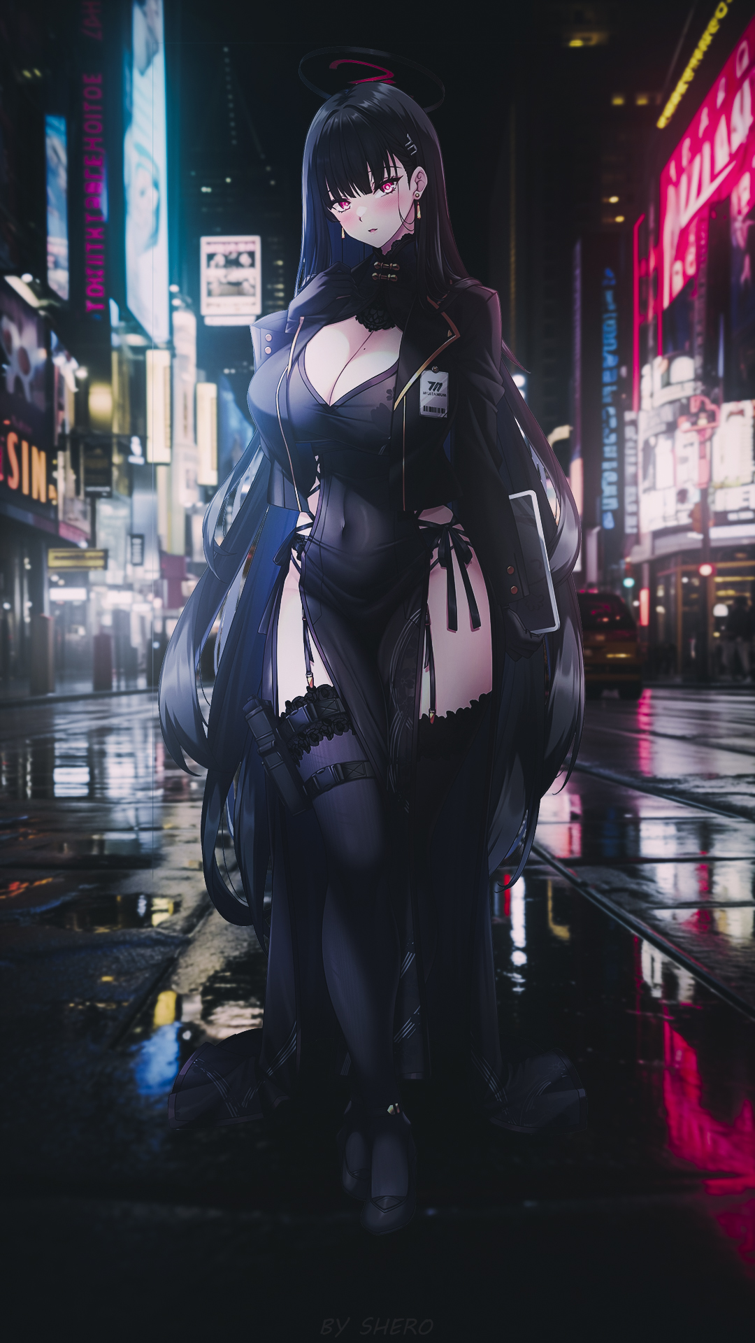 Anime 1080x1920 Tsukatsuki Rio Japan anime anime girls big boobs portrait display looking at viewer standing night city building cleavage long hair black hair red eyes thighs city lights earring depth of field Blue Archive