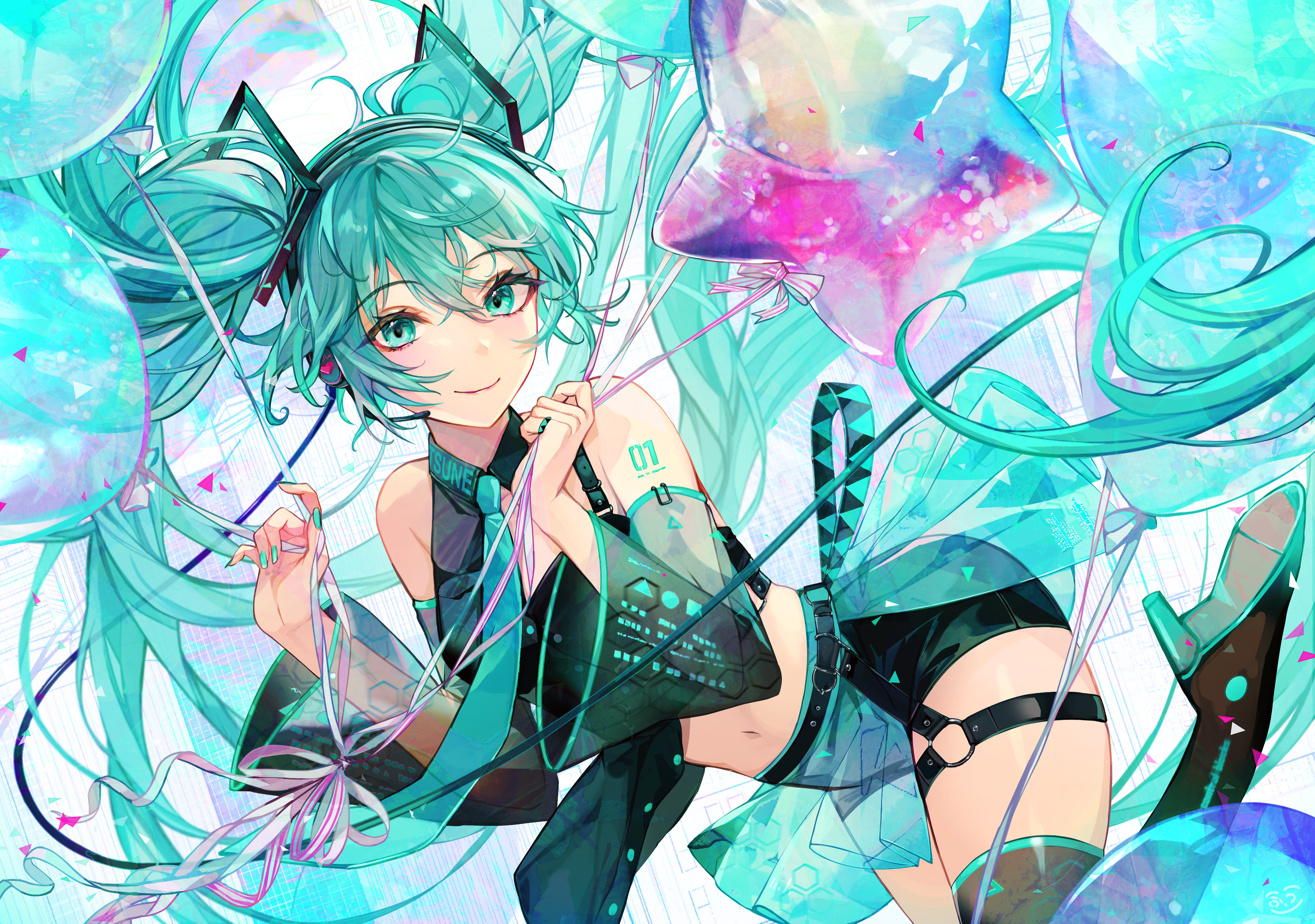 Anime 3508x2466 anime anime girls Hatsune Miku Vocaloid long hair twintails blue hair blue eyes smiling looking at viewer balloon bare shoulders tie thigh high boots