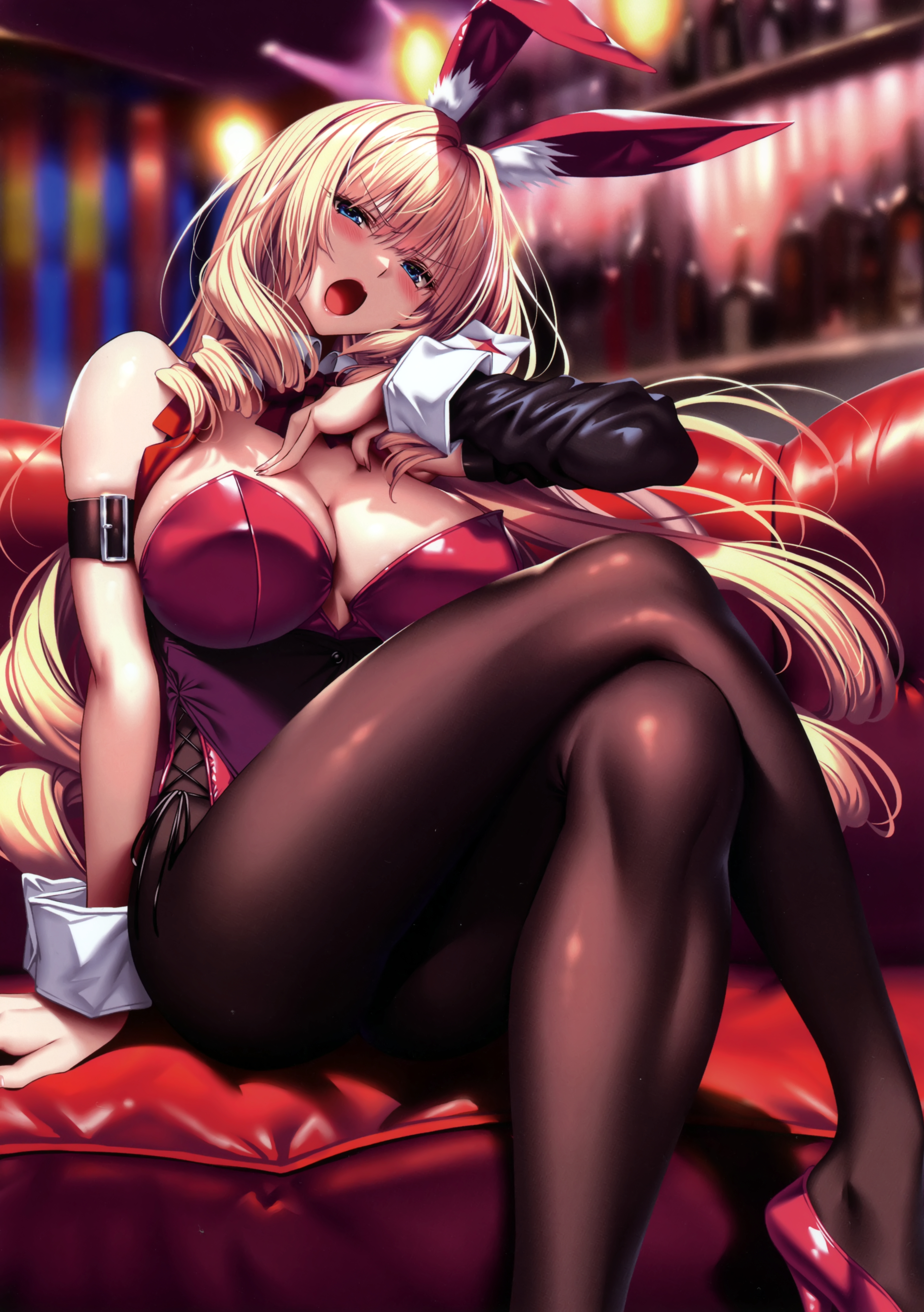 Anime 4218x5989 Hanikami Kanojo blonde portrait display anime girls looking at viewer sitting huge breasts cleavage long hair legs crossed animal ears bunny ears bunny girl bunny suit depth of field pantyhose black pantyhose leotard detached sleeves indoors blurry background heels piromizu bare shoulders sitting on the couch bar Shoudou Erena red couch open mouth shiny clothing red leotard wrist cuffs blue eyes women indoors