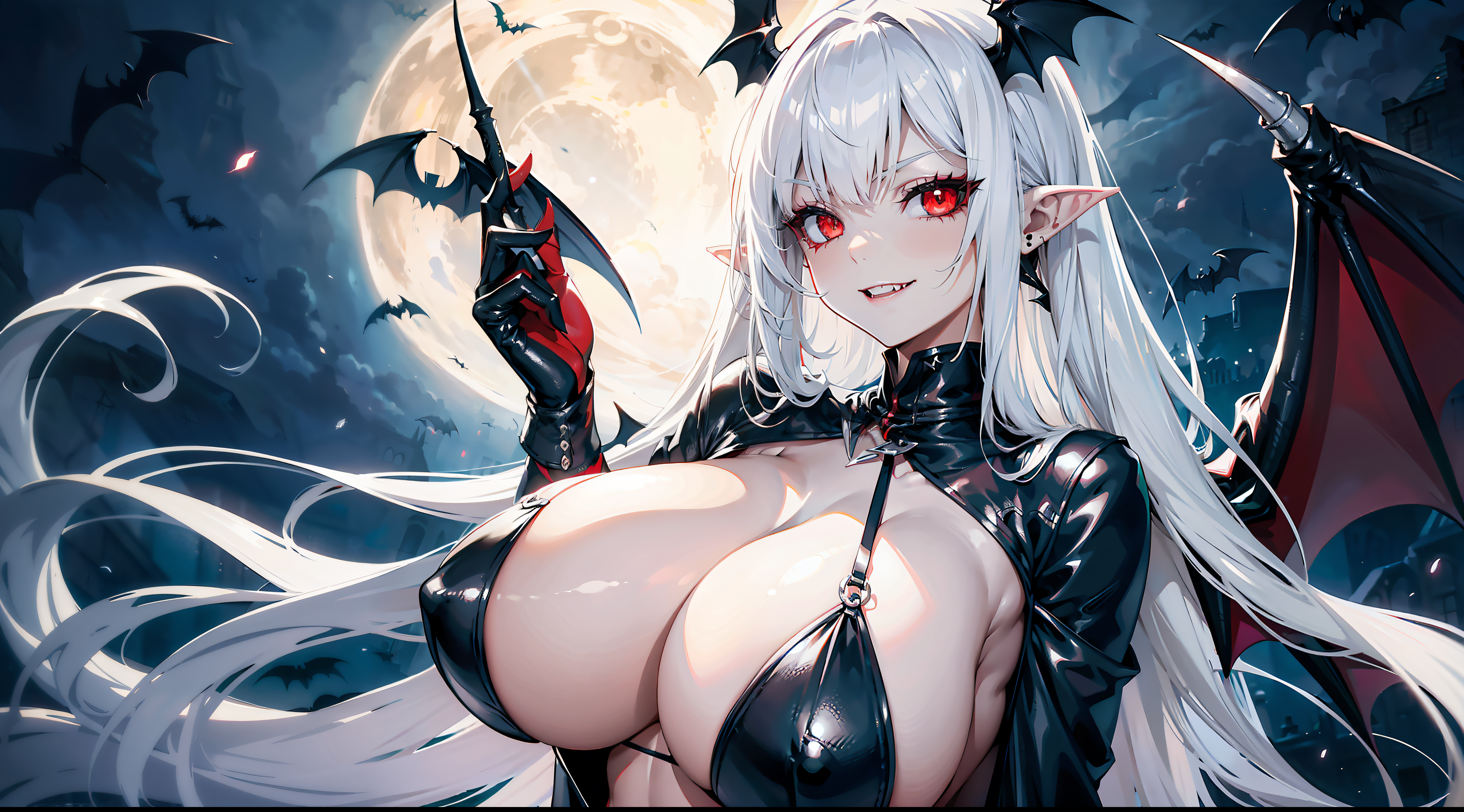 Anime 4096x2272 AI art 4K big boobs vampire girl anime girls white hair long hair huge breasts night Moon sky clouds bats animals wings digital art red eyes pointy ears smiling blushing looking at viewer cleavage