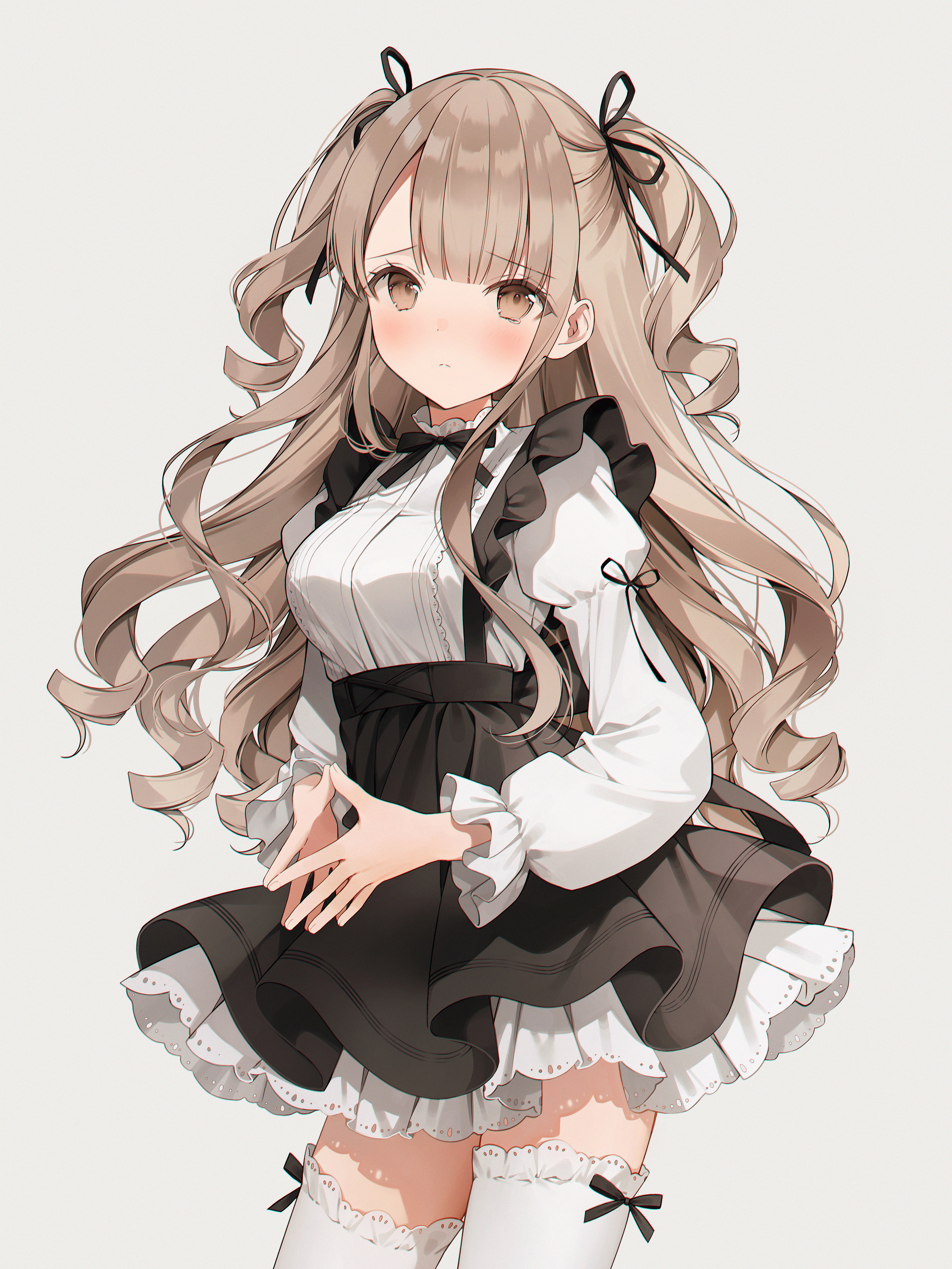 Anime 2941x3919 anime anime girls portrait display long hair simple background dress white background frills stockings minimalism bow tie looking at viewer blushing yellow eyes blonde tears frown