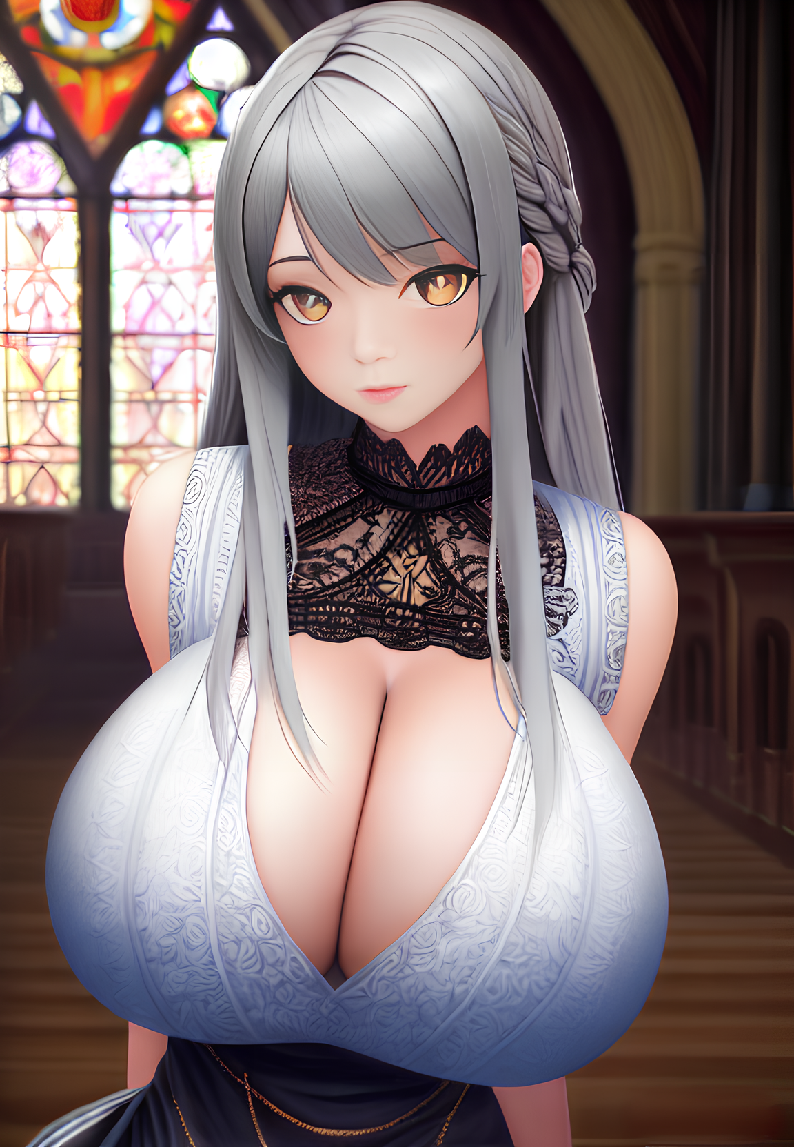 Anime 1152x1664 panwho AI art portrait display digital art anime girls cleavage big boobs bare shoulders indoors women indoors looking at viewer braids stained glass silver hair yellow eyes cathedral