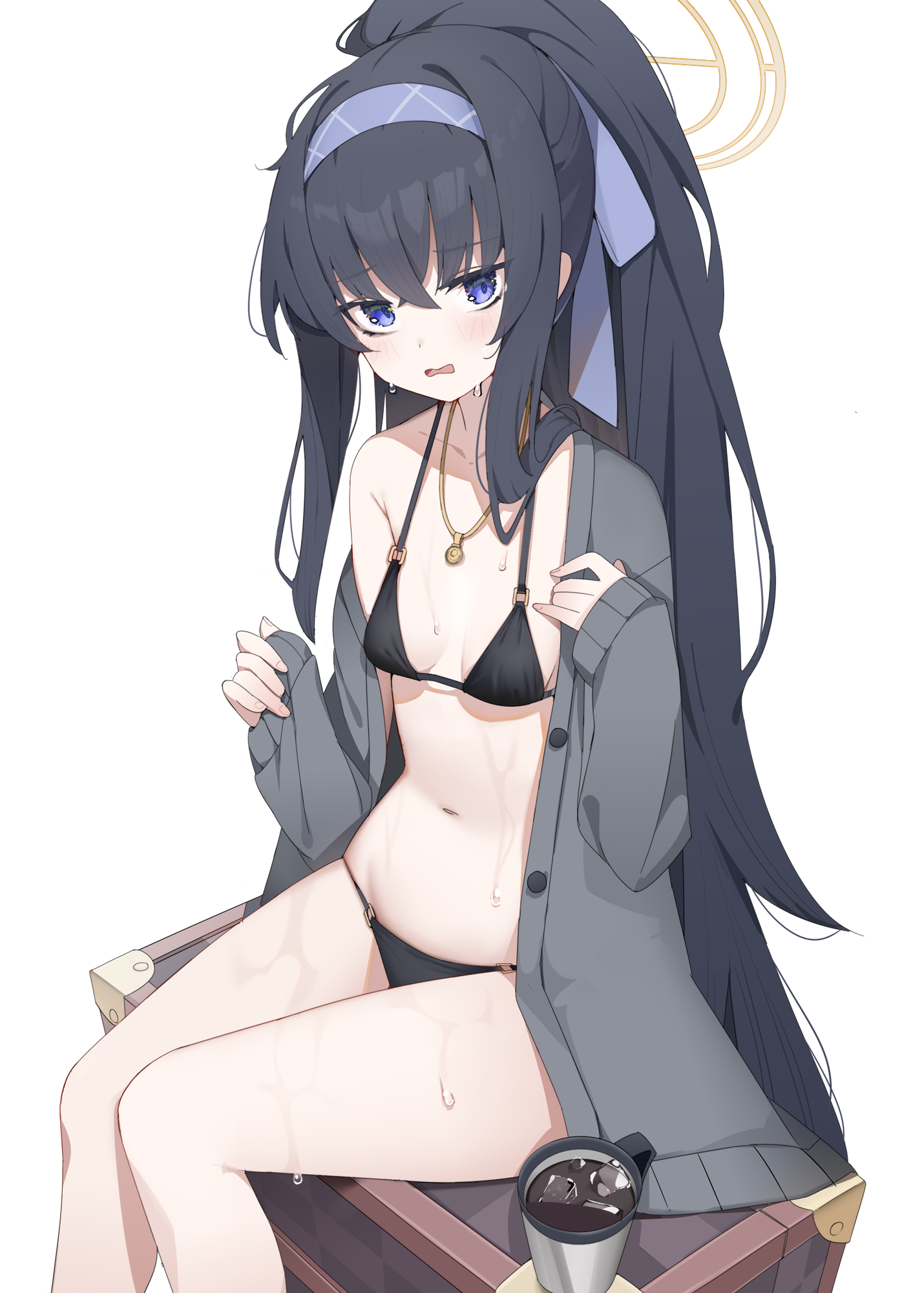 Anime 1430x2000 anime Pixiv anime girls Blue Archive Ui (Blue Archive) sitting bikini small boobs necklace long hair looking at viewer drink wet body blushing white background wet portrait display shy minimalism