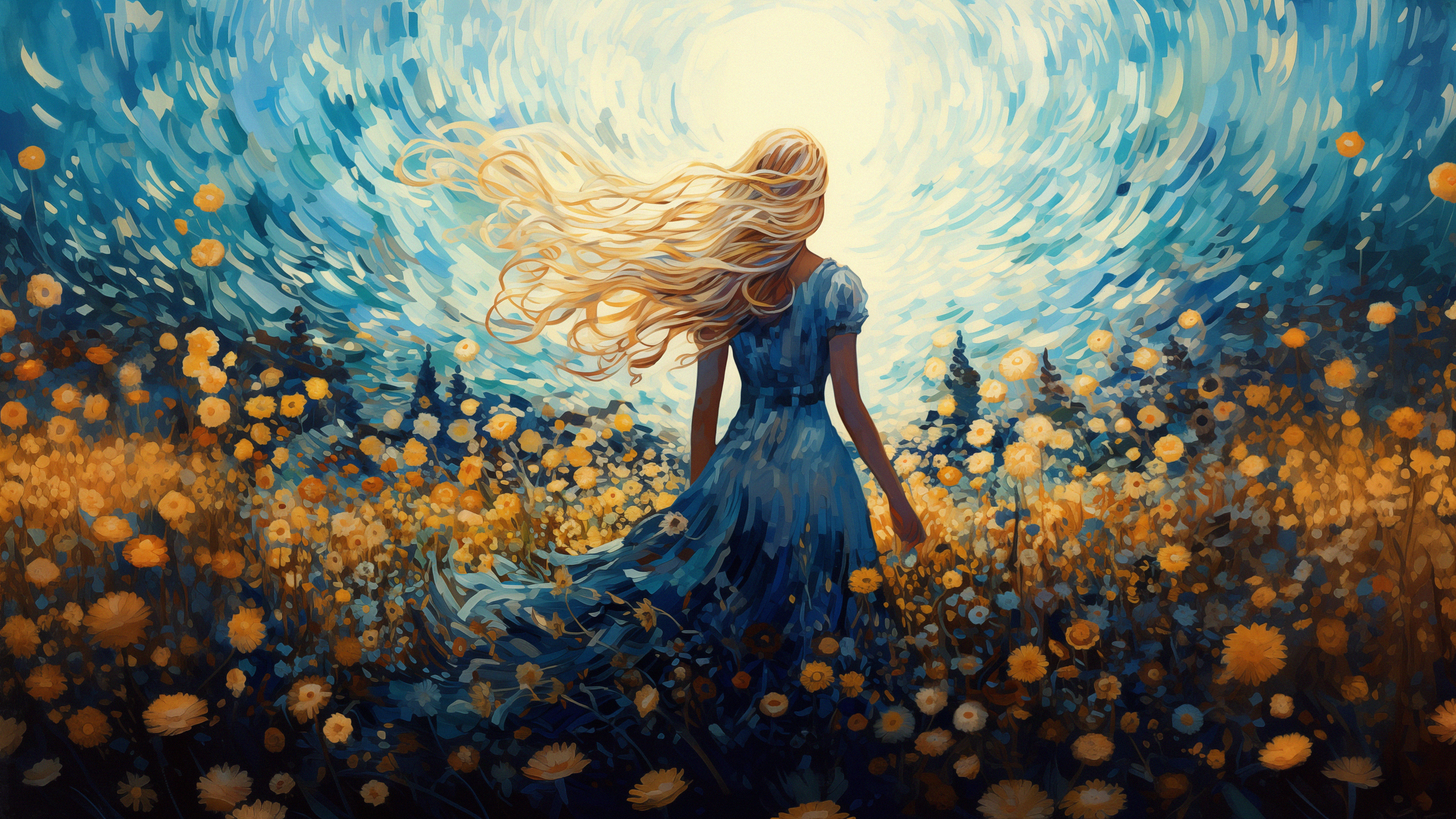 General 3840x2160 women AI art blonde blue dress long hair field dress digital art flowers hair blowing in the wind wind trees sky