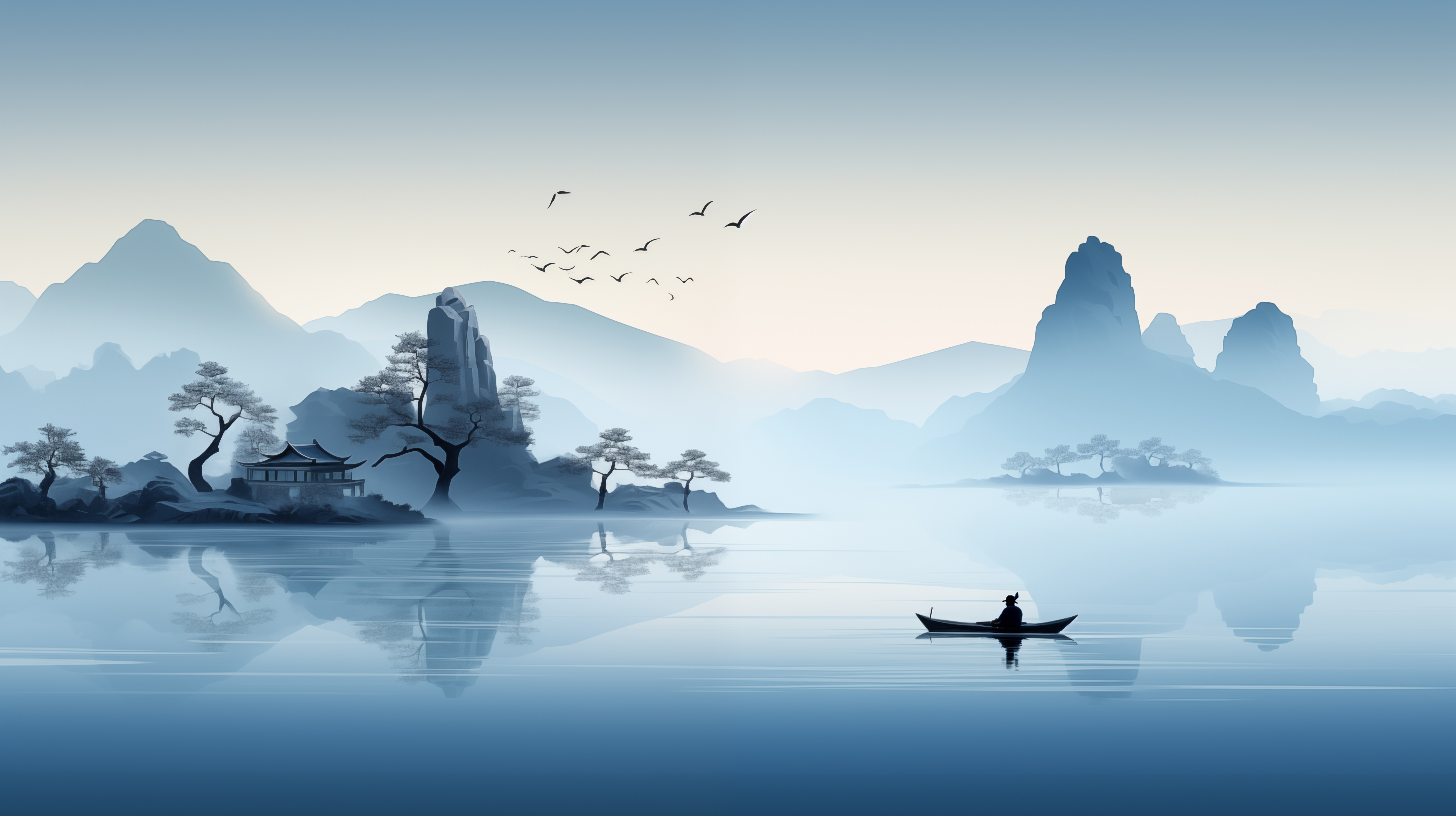 General 5824x3264 AI art painting Chinese blue water boat trees sky digital art mountains reflection