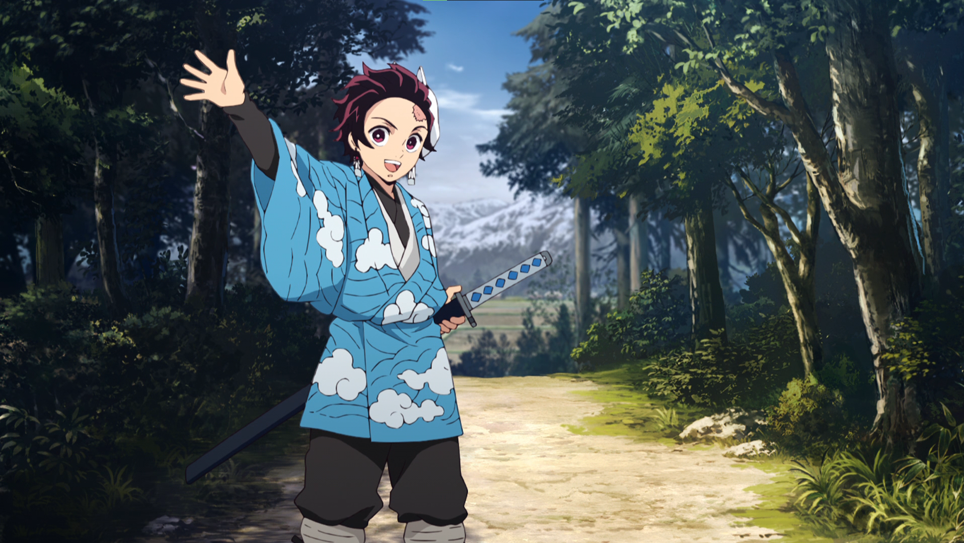 Anime 1915x1079 Kimetsu no Yaiba Kamado Tanjiro nature trees forest anime Anime screenshot kimono earring anime boys waving looking at viewer standing