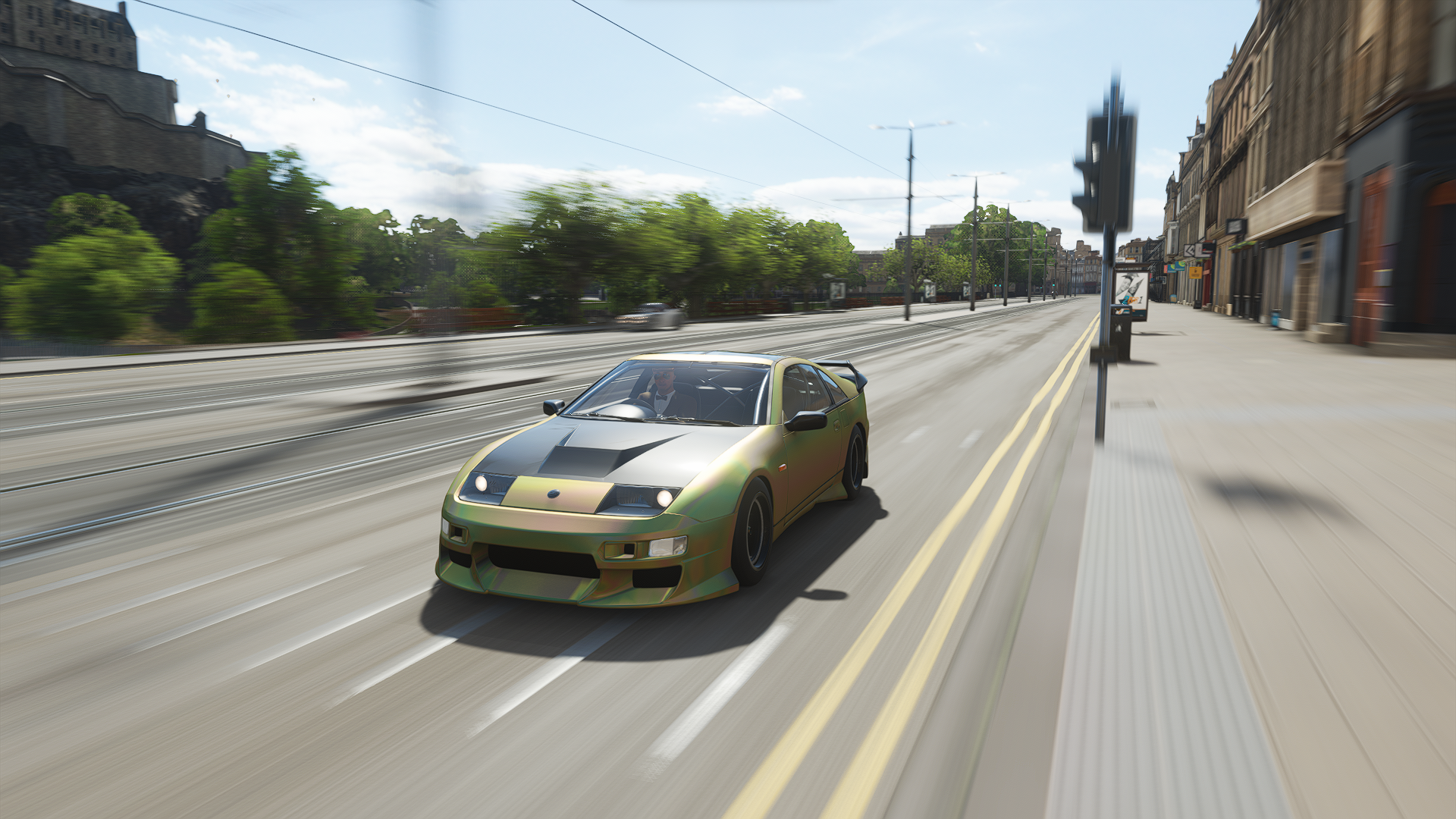 General 1920x1080 Forza Forza Horizon Forza Horizon 4 racing car CGI Nissan 300ZX road video games headlights frontal view trees blurred blurry background sky clouds building Nissan PlaygroundGames Japanese cars