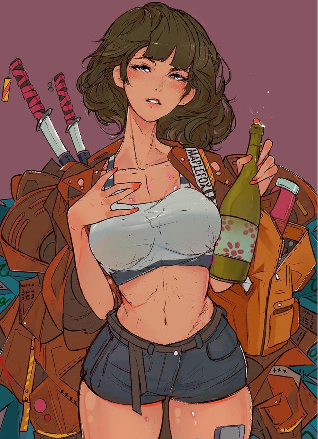 General 1080x1491 artwork fantasy girl women short hair Raw Sushi portrait display belly looking at viewer standing drink sword weapon