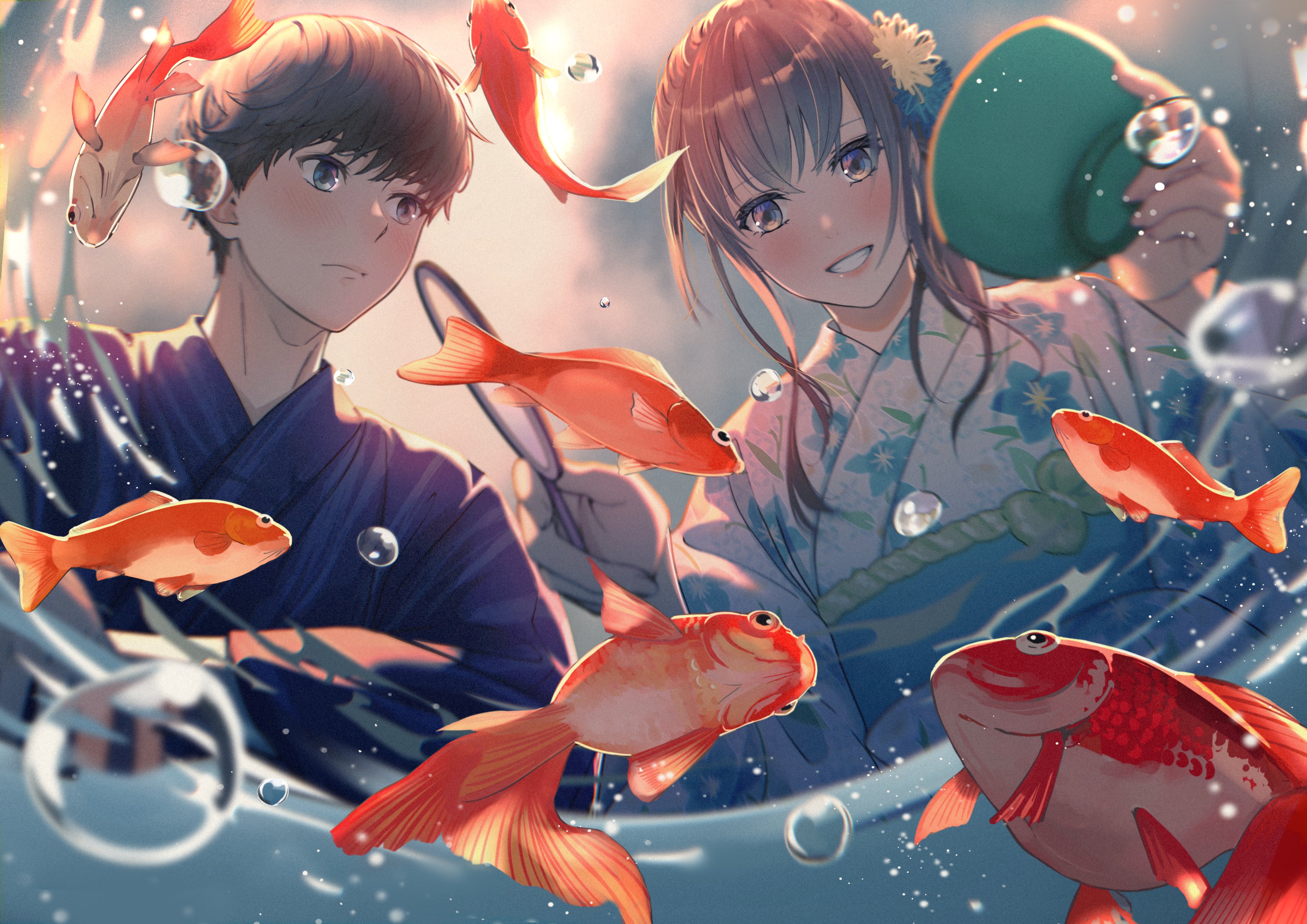 Anime 4093x2894 anime girls fish yukata anime boys goldfish animals water bubbles smiling kimono