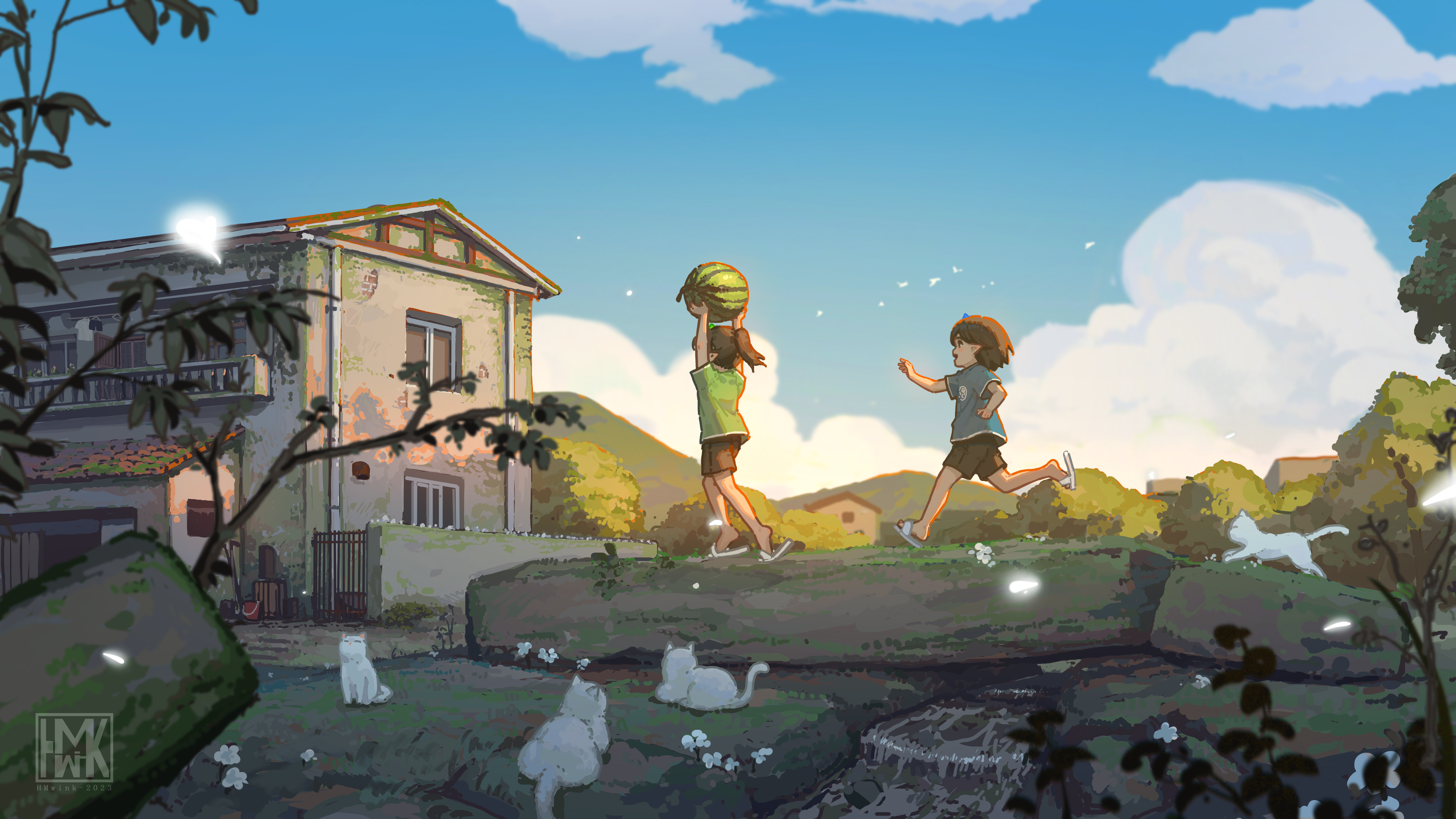 Anime 5275x2968 Hua Ming wink anime girls digital art artwork watermelons sky clouds running cats animals branch leaves pointy ears building Yun Xi