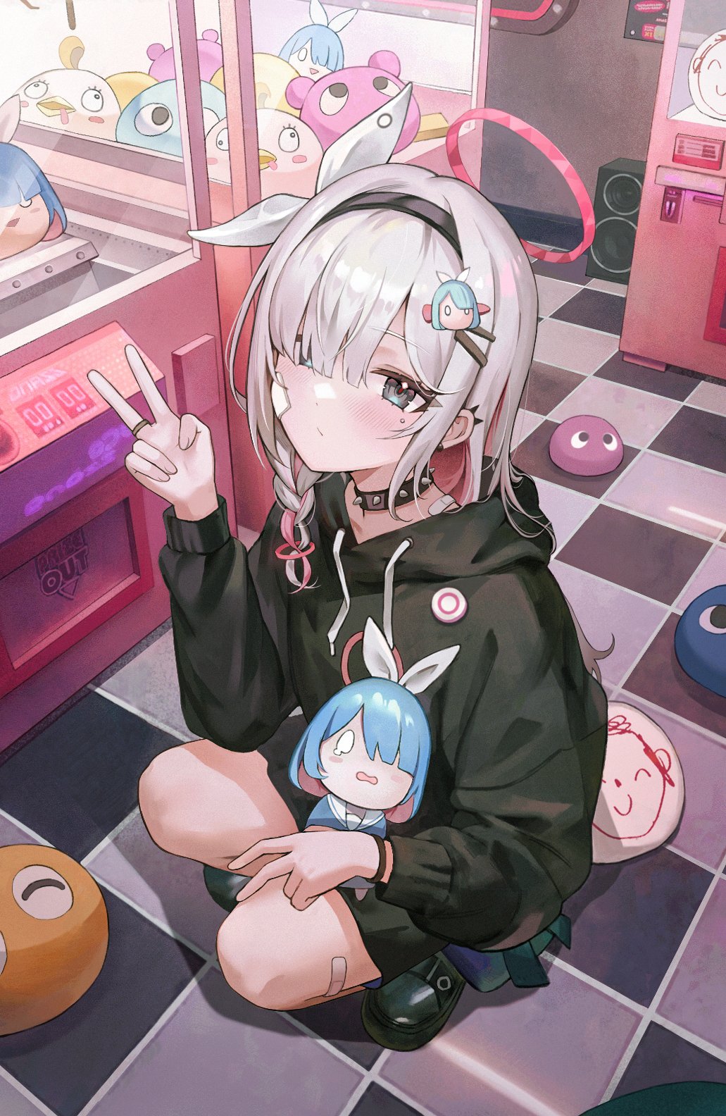 Anime 1031x1584 Blue Archive anime girls Plana (Blue Archive) white hair halo peace sign anime games choker skirt fan art checkered two tone hair braids squatting Band-Aid looking at viewer portrait display