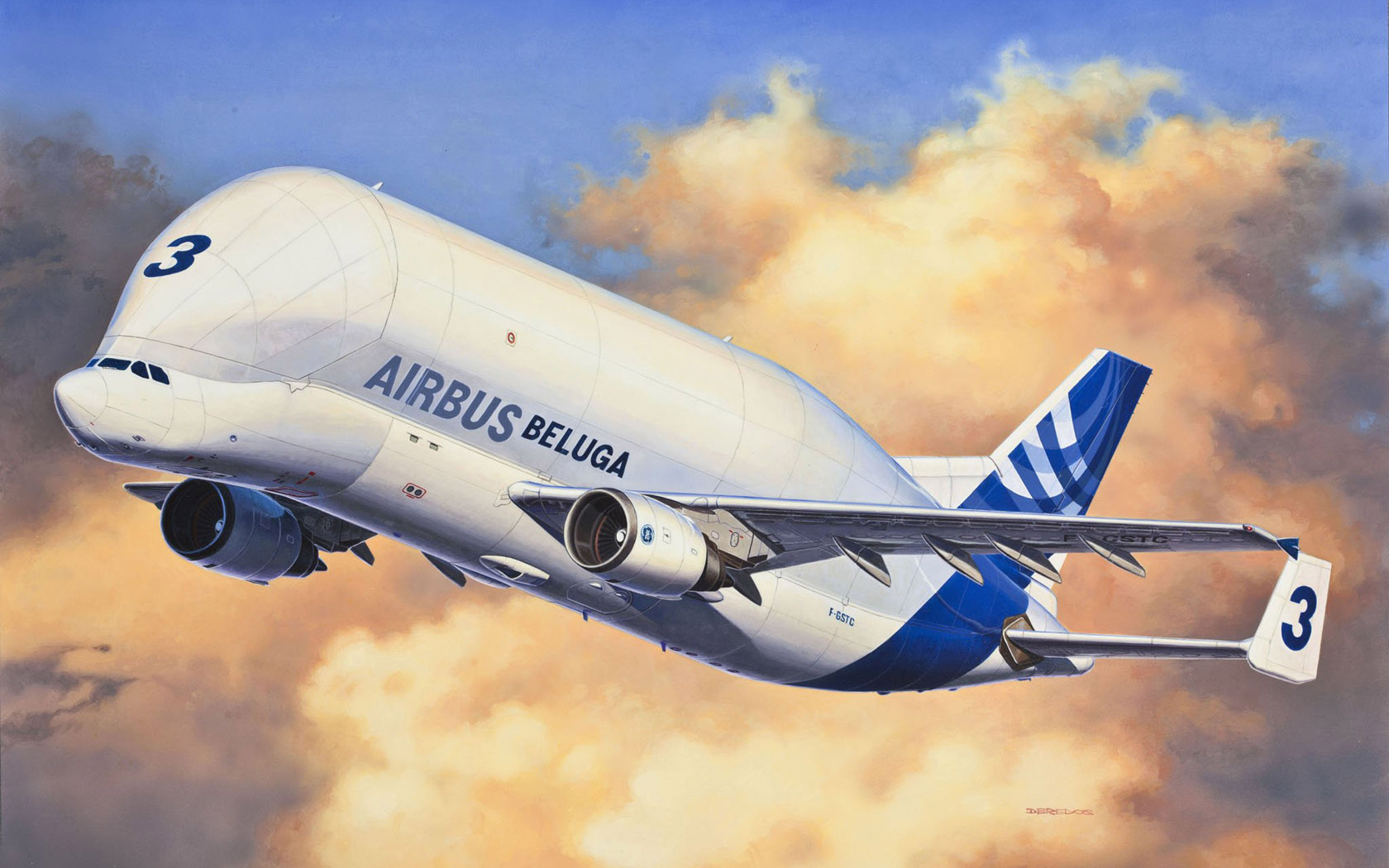 General 1680x1050 aircraft Airbus flying sky artwork clouds Boxart painting Andrzej Deredos transport Beluga whale livery