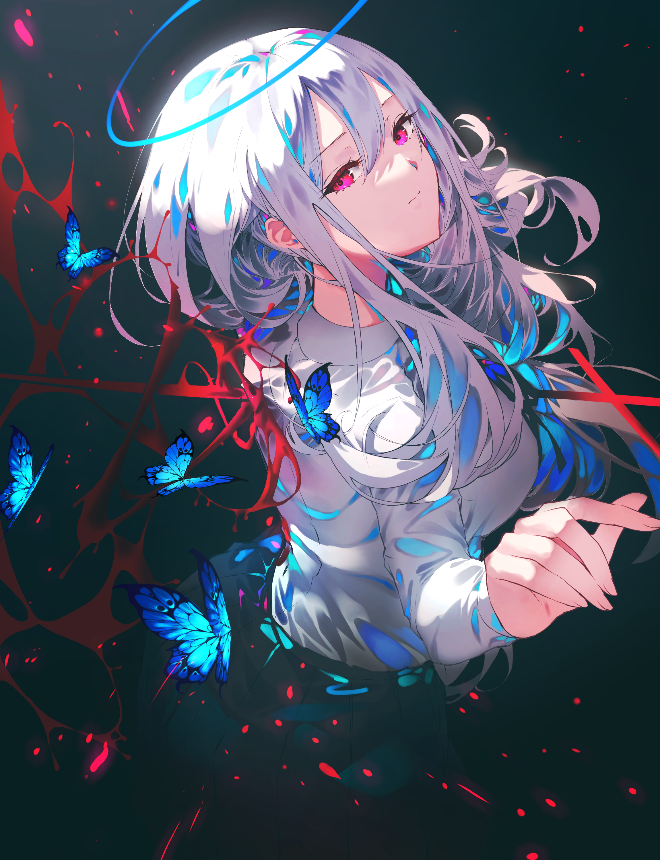 Anime 2300x3000 W (artist) Pixiv anime girls portrait display butterfly long hair looking at viewer halo simple background minimalism red eyes