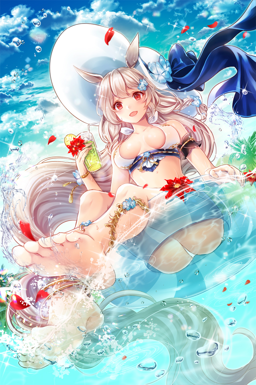 Anime 900x1350 houchi shoujo low-angle anime girls white bikini Kouson san (Houchi Shoujo) animal ears big boobs bikini looking at viewer water hair ornament water drops flowers petals open mouth floater splashes toes sitting ass sunlight cocktails drink swimwear jewelry blushing sparkles palm trees long hair sun hats Hobak red flowers bubbles summer armlet anklet smiling portrait display hat gray hair trees blonde windy sea lens flare feet