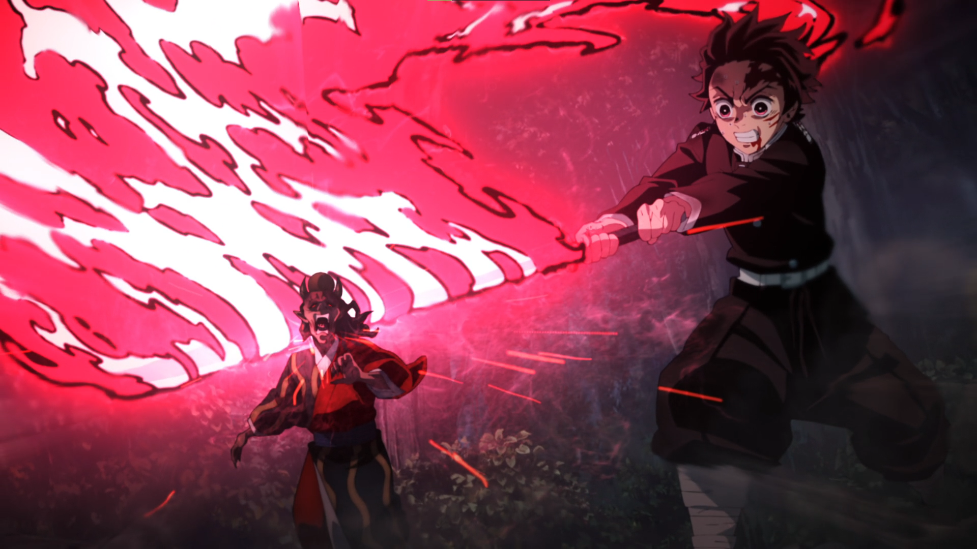 Anime 1920x1080 Kimetsu no Yaiba Kamado Tanjiro sword demon Demon face fire forest trees anime anime screenshot anime boys blood uniform earring night