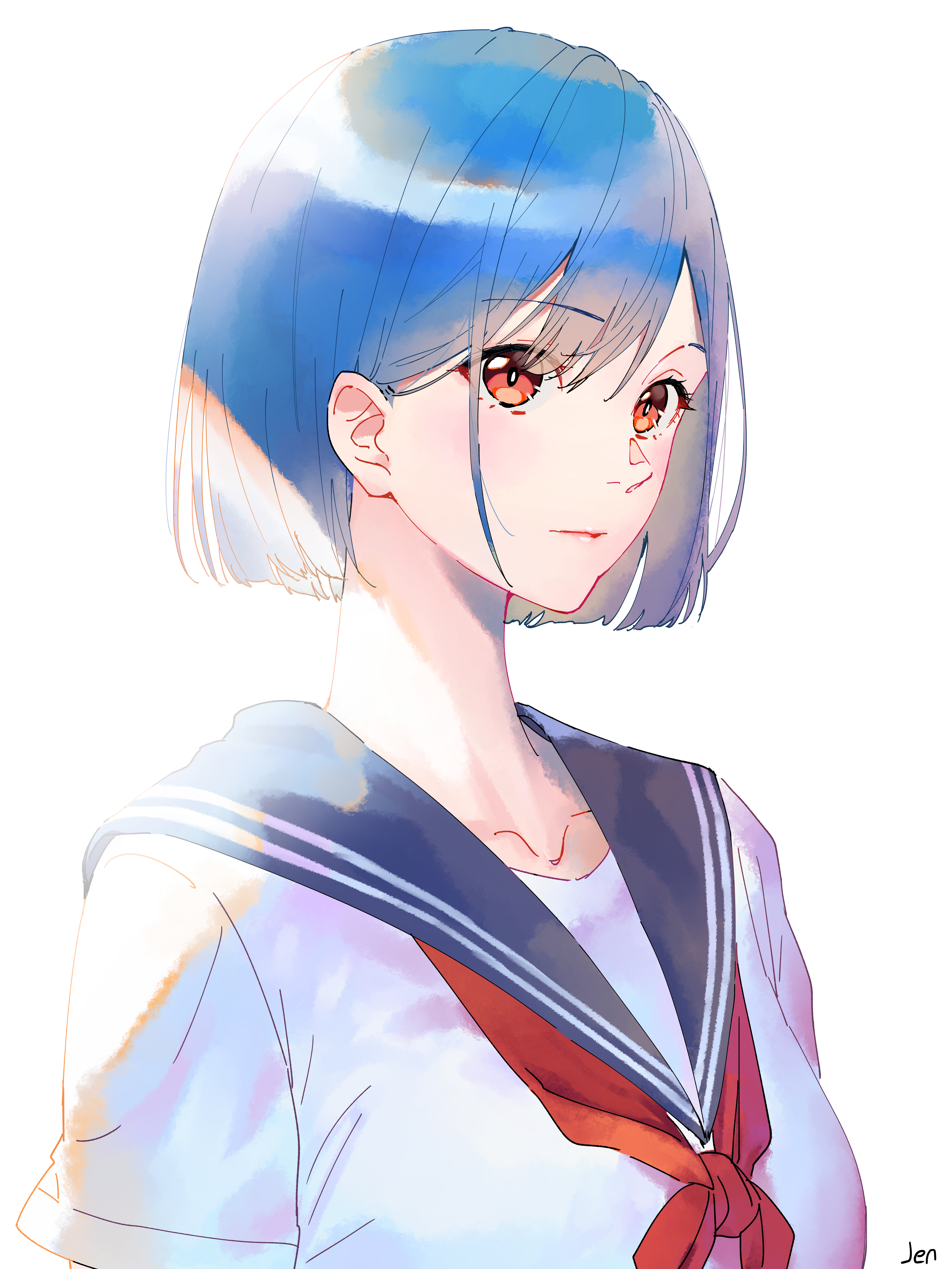 Anime 6000x8000 anime anime girls schoolgirl school uniform short hair signature white background simple background looking at viewer minimalism