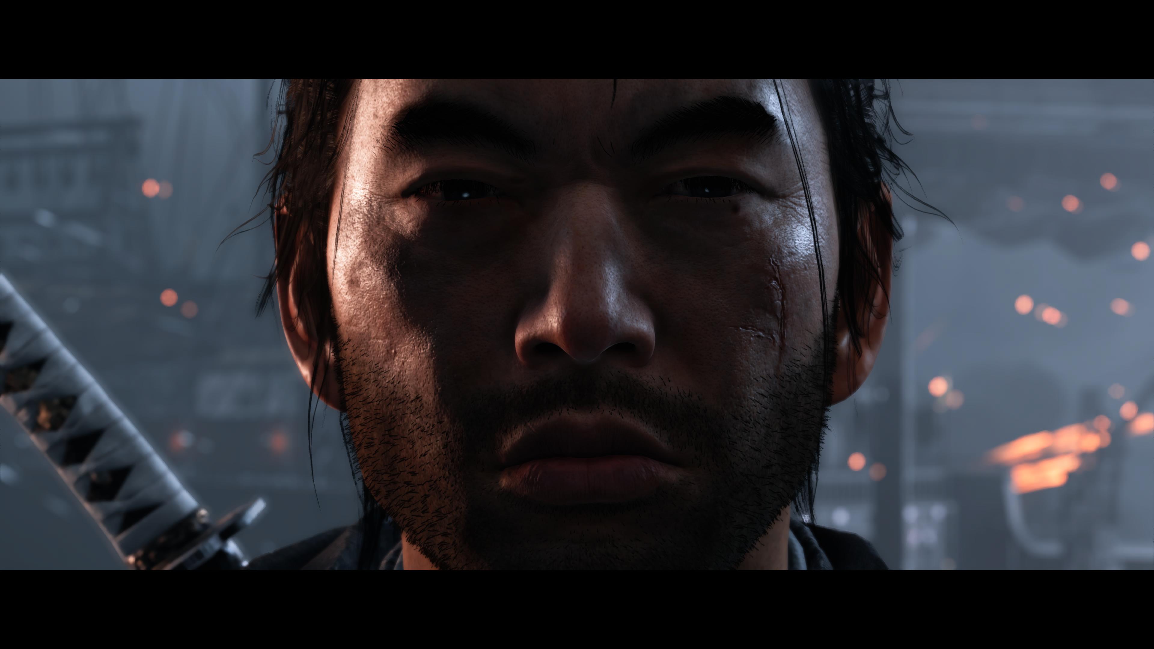 General 3840x2160 Ghost of Tsushima  PlayStation screen shot face closeup beard video games sword CGI video game characters looking at viewer Sucker Punch Productions