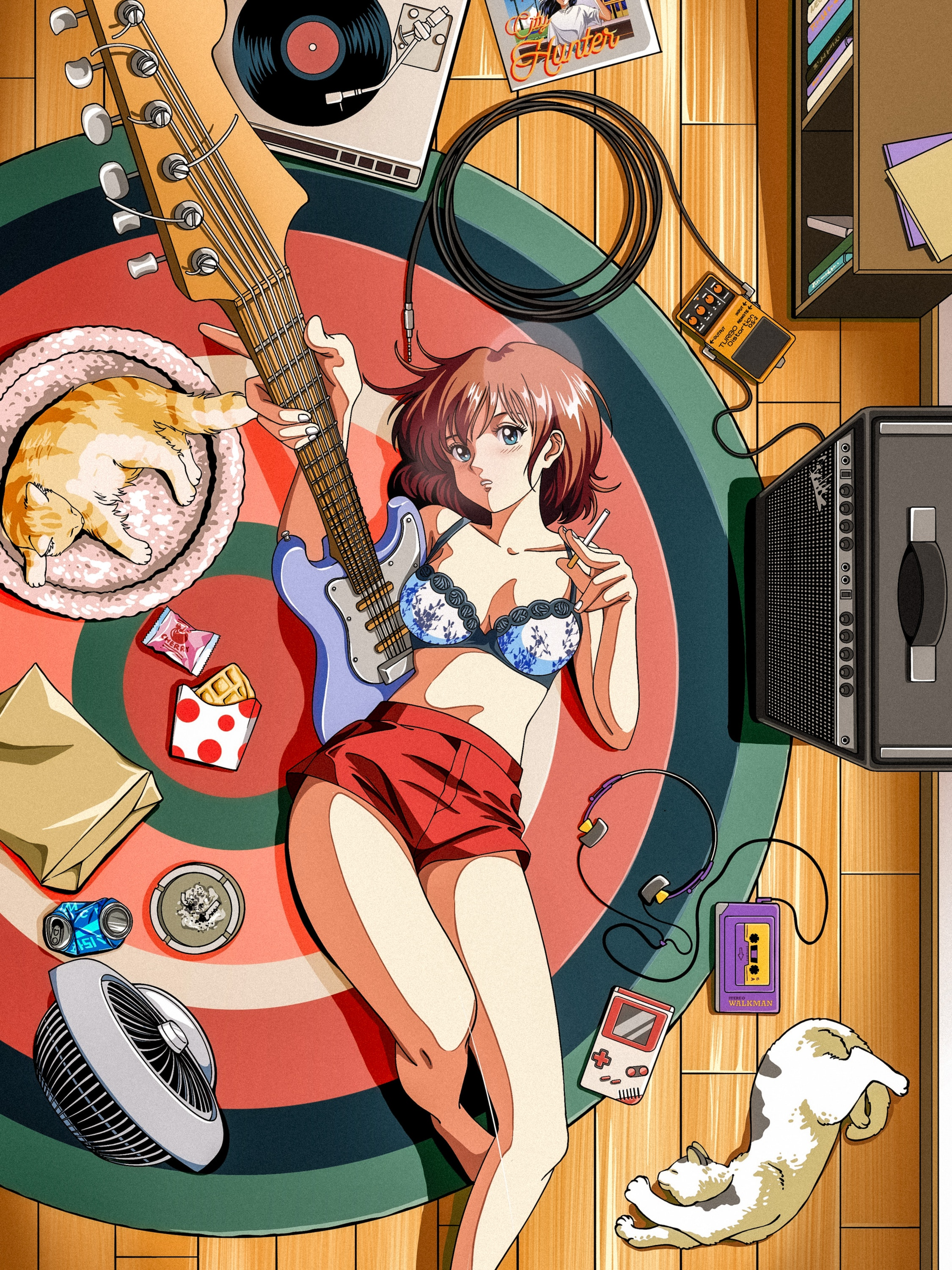 Anime 2250x3000 Septa Abdi digital art artwork illustration anime anime girls lying down cats animals guitar redhead bra looking at viewer cigarettes lying on back thighs portrait display fans discs cassette can musical instrument