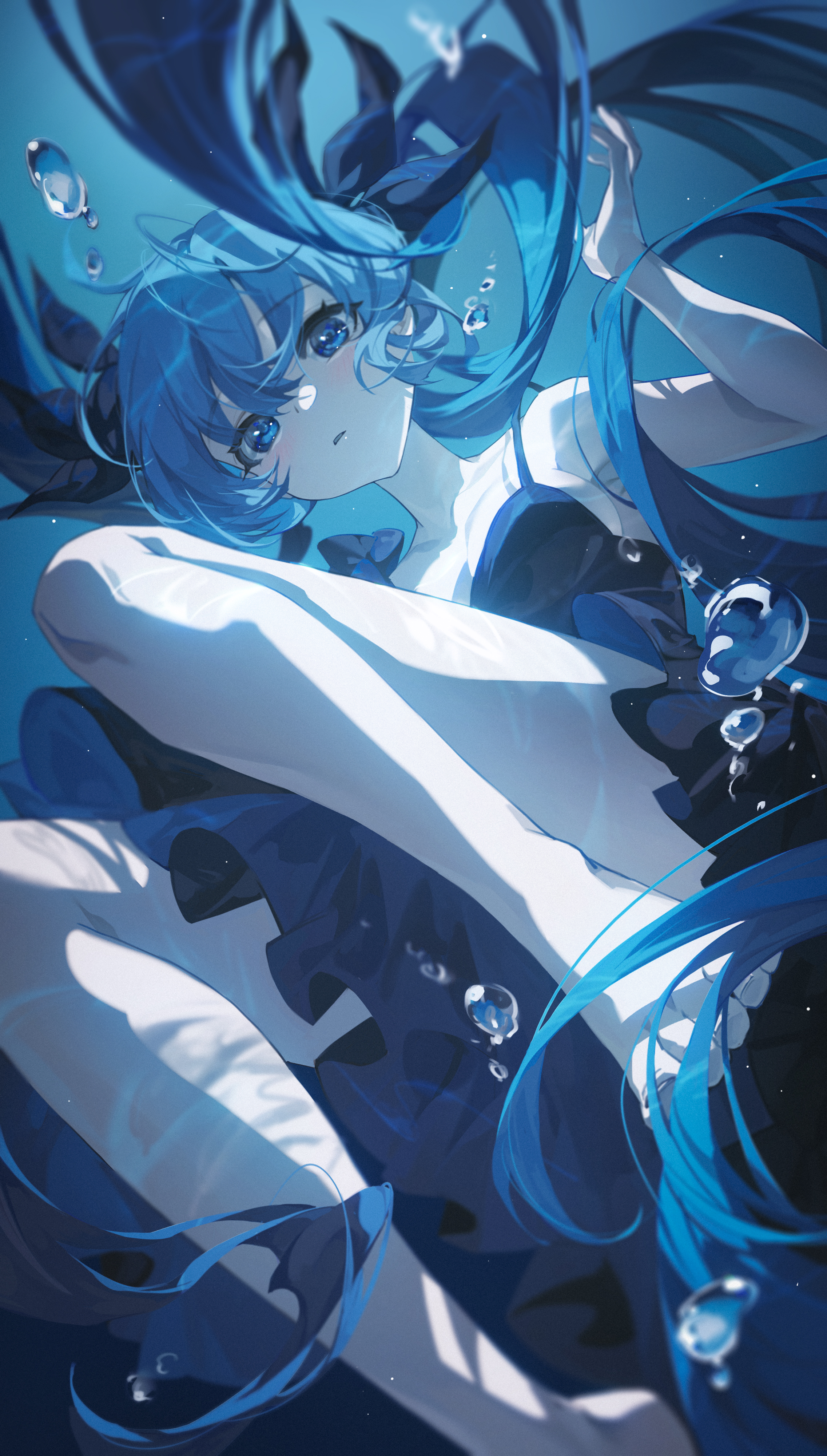 Anime 2273x4000 anime anime girls Hatsune Miku Vocaloid twintails water bubbles underwater blue hair blue eyes looking at viewer long hair feet blushing