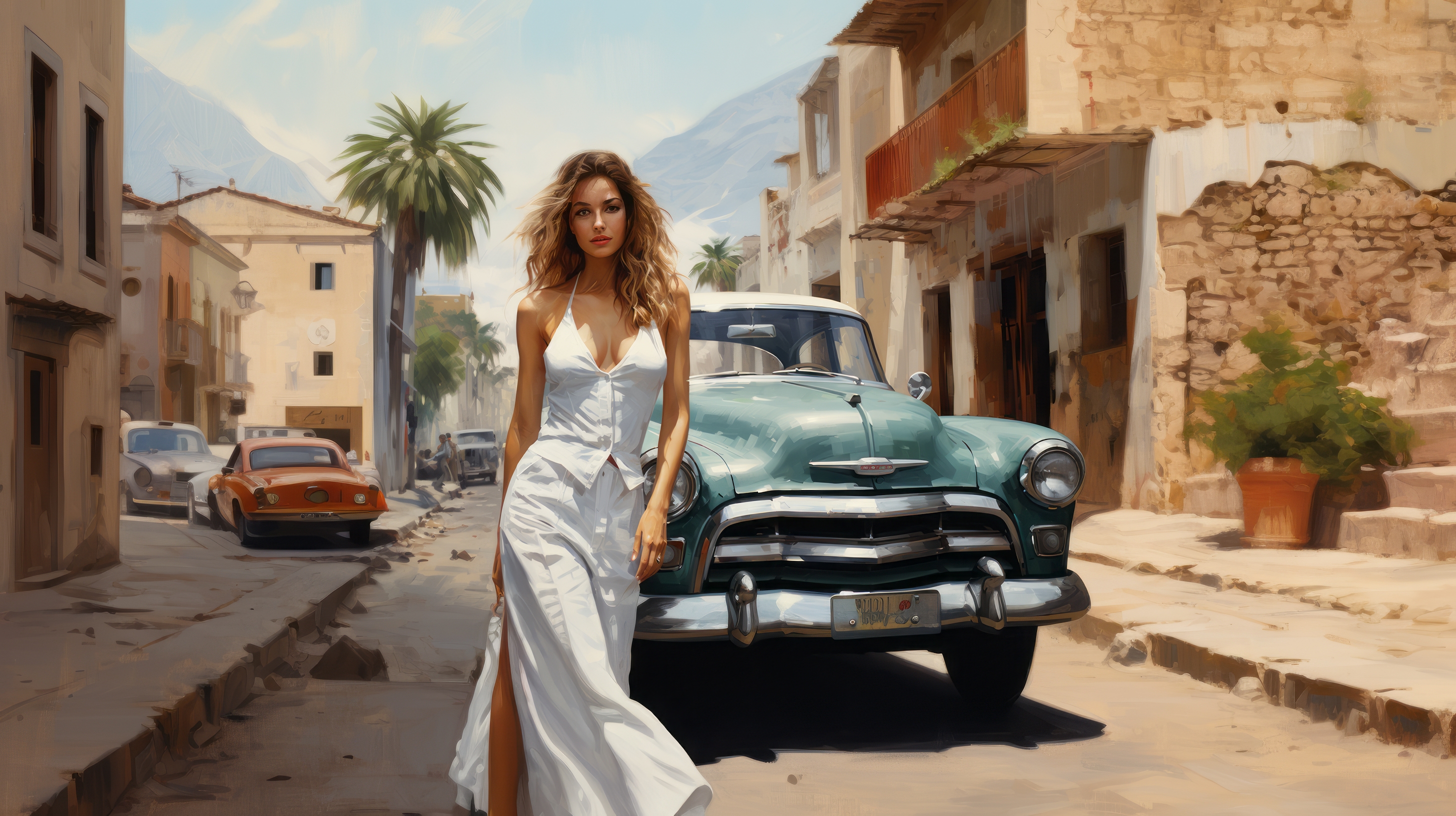 General 2912x1632 AI art women Cuba white dress car street city standing dress looking at viewer frontal view building palm trees clouds road long hair