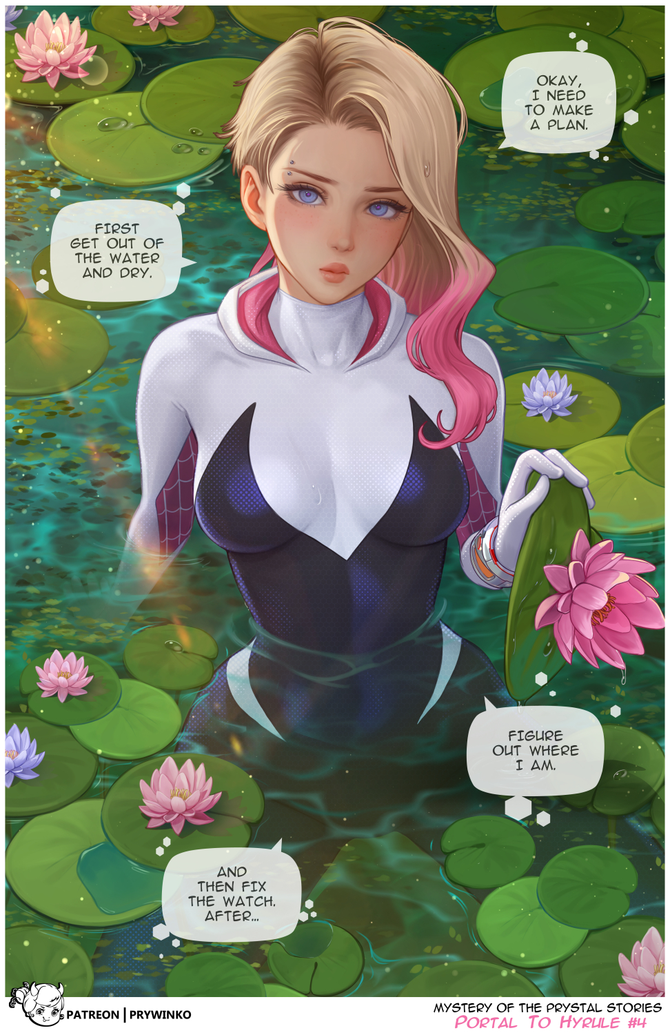 General 972x1500 Prywinko Spider-Man Gwen Stacy Spider Gwen comics portrait display Spider-Man: Across the Spider-Verse Spider-Man: Into the Spider-Verse blonde gradient hair freckles looking at viewer speech bubble flowers water lilies bodysuit long hair pink hair water standing in water blue eyes big boobs wet clothing tight clothing white gloves blushing water drops two tone hair pierced eyebrow piercing gloves sunlight wet