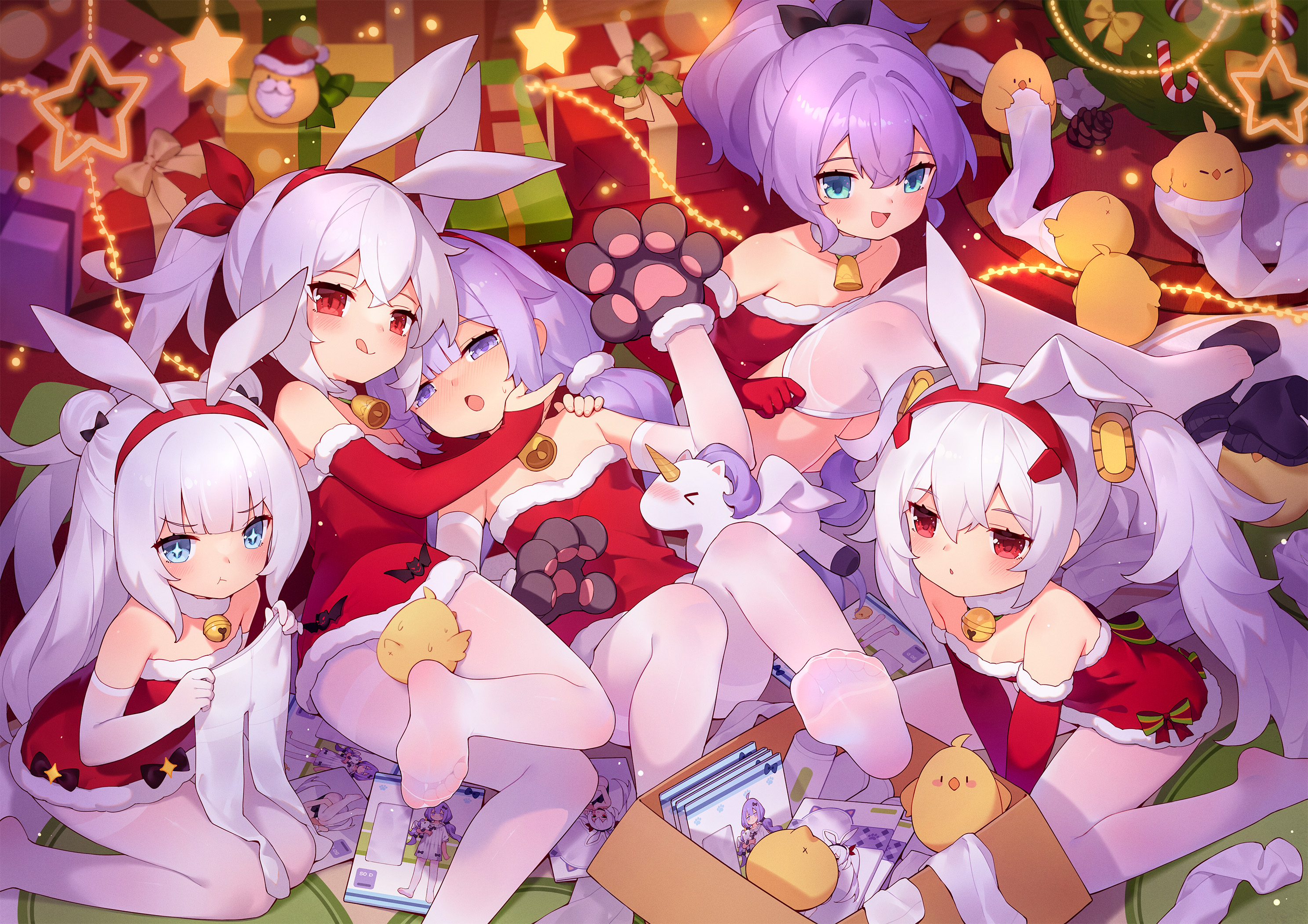 Anime 2976x2104 Pixiv anime anime girls Christmas Christmas presents Christmas clothes blushing long hair pantyhose feet looking at viewer presents cat gloves bunny ears bow tie Christmas tree sweatdrop loli bells pony Christmas ornaments 
