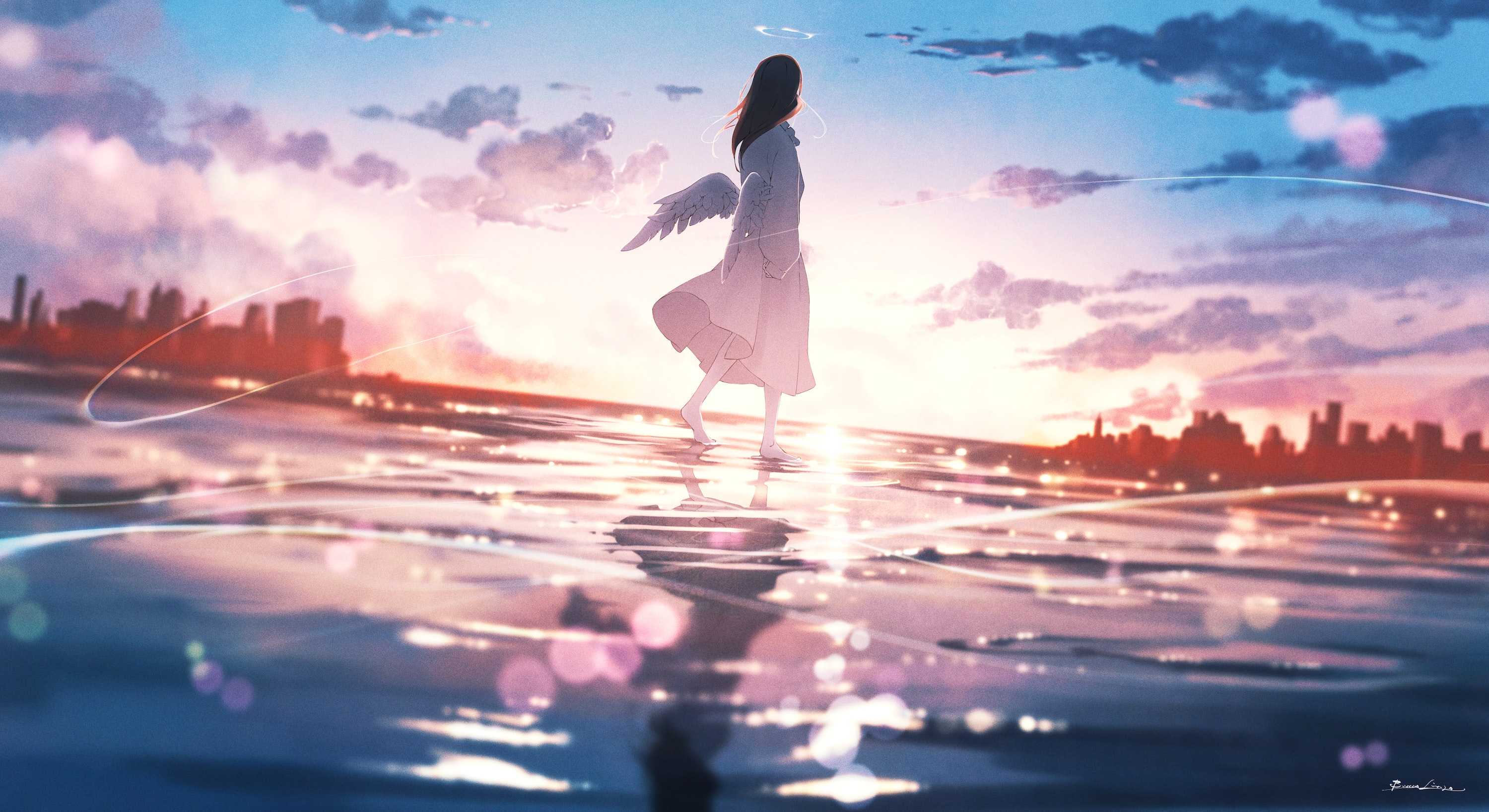 Anime 3000x1636 anime anime girls water sea clouds back walking sunset sunset glow sky halo