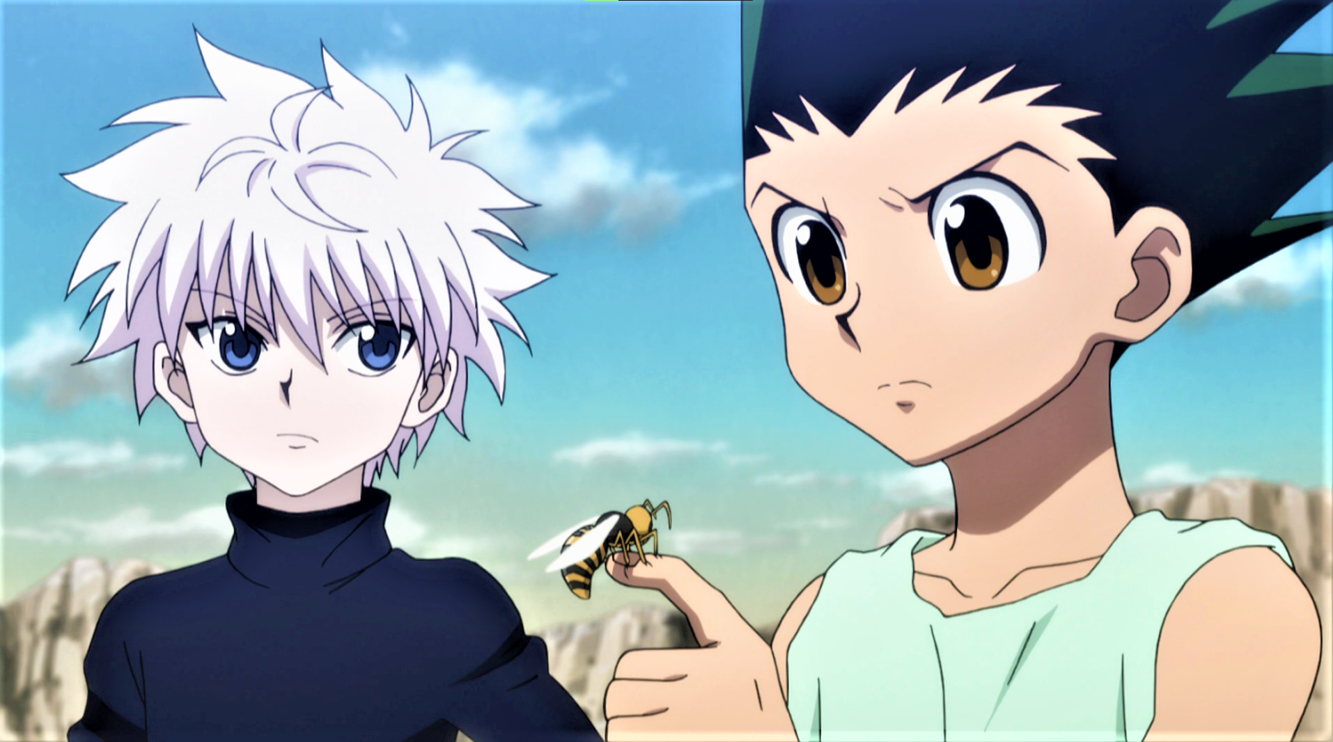 Anime 1914x1066 Hunter x Hunter Killua Zoldyck Gon Freecss bees sky clouds white hair angry mountains anime Anime screenshot anime boys insect