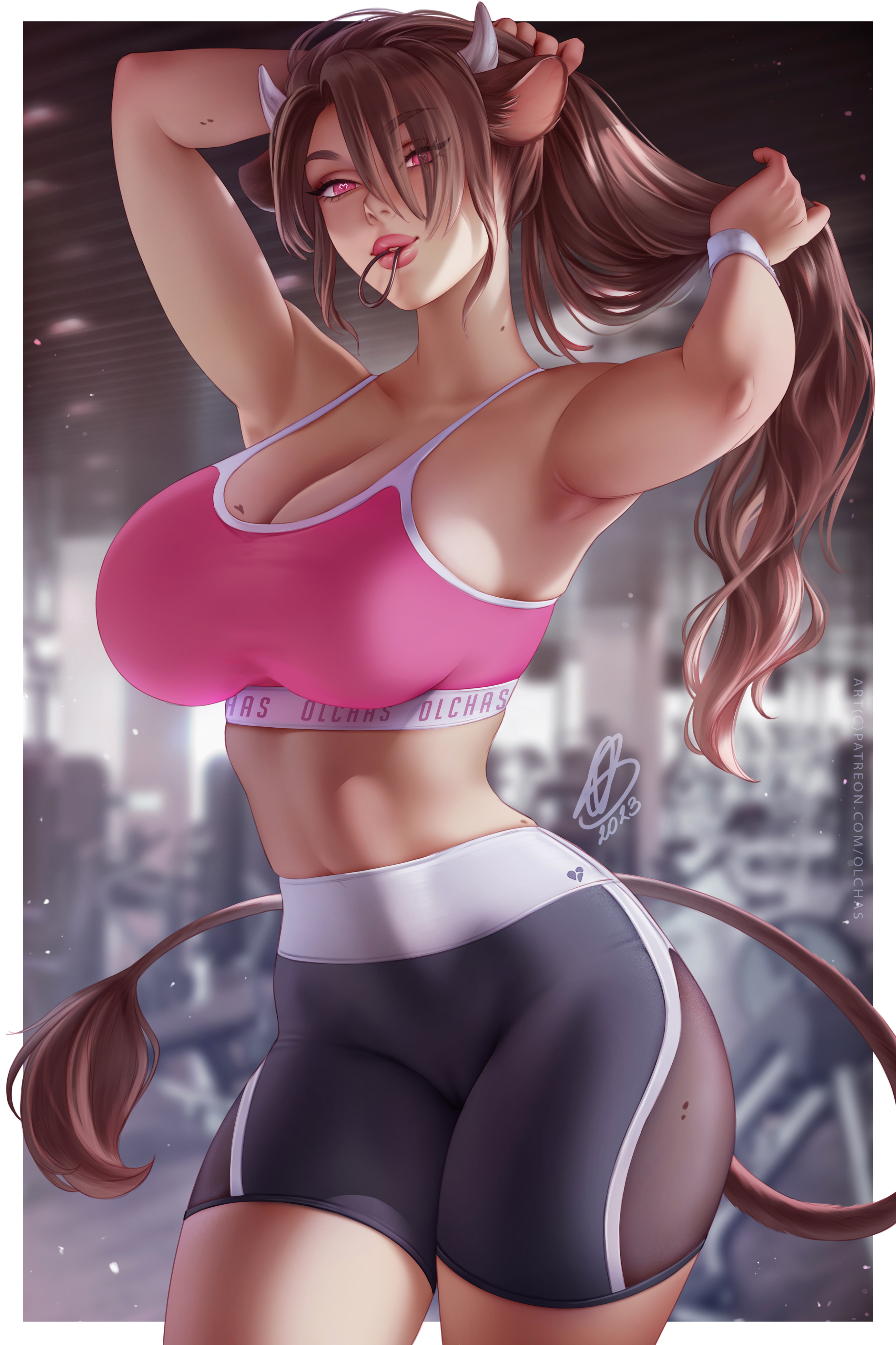 General 2600x3900 Mui (OC) original characters fantasy girl cow girl animal ears gyms sportswear artwork drawing OlchaS portrait display long hair looking at viewer Cow tail armpits sports bra sports shorts big boobs watermarked