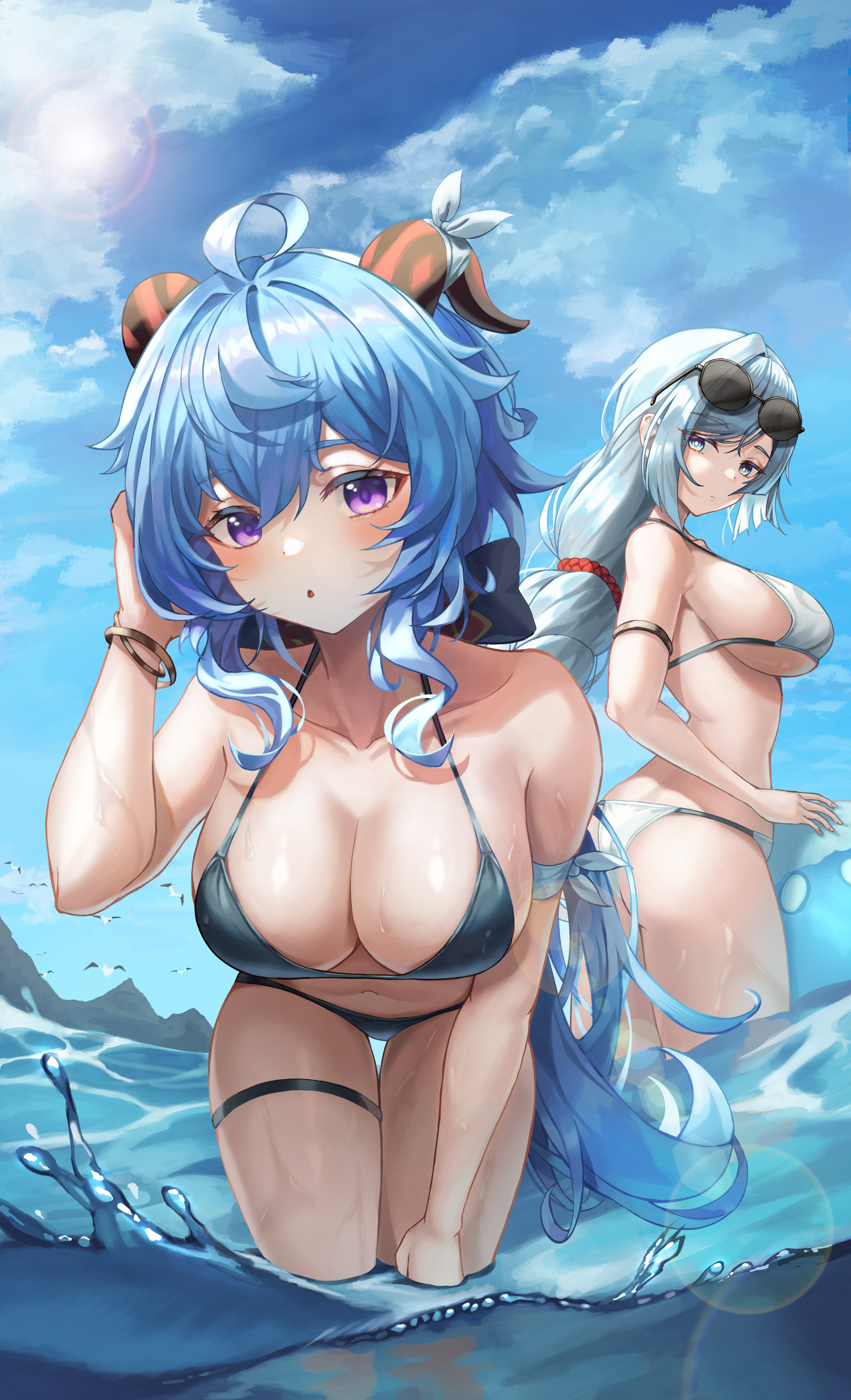 Anime 2840x4670 Genshin Impact women Ganyu (Genshin Impact) Shenhe (Genshin Impact) two women bikini black bikinis water white bikini animals horns looking at viewer swimwear sunglasses purple eyes blue eyes big boobs cleavage sideboob bent over blushing standing in water long hair wet body slime nyang thighs looking back ponytail ass portrait display ahoge bracelets belly belly button thigh strap clouds sunlight glasses blue hair birds sea
