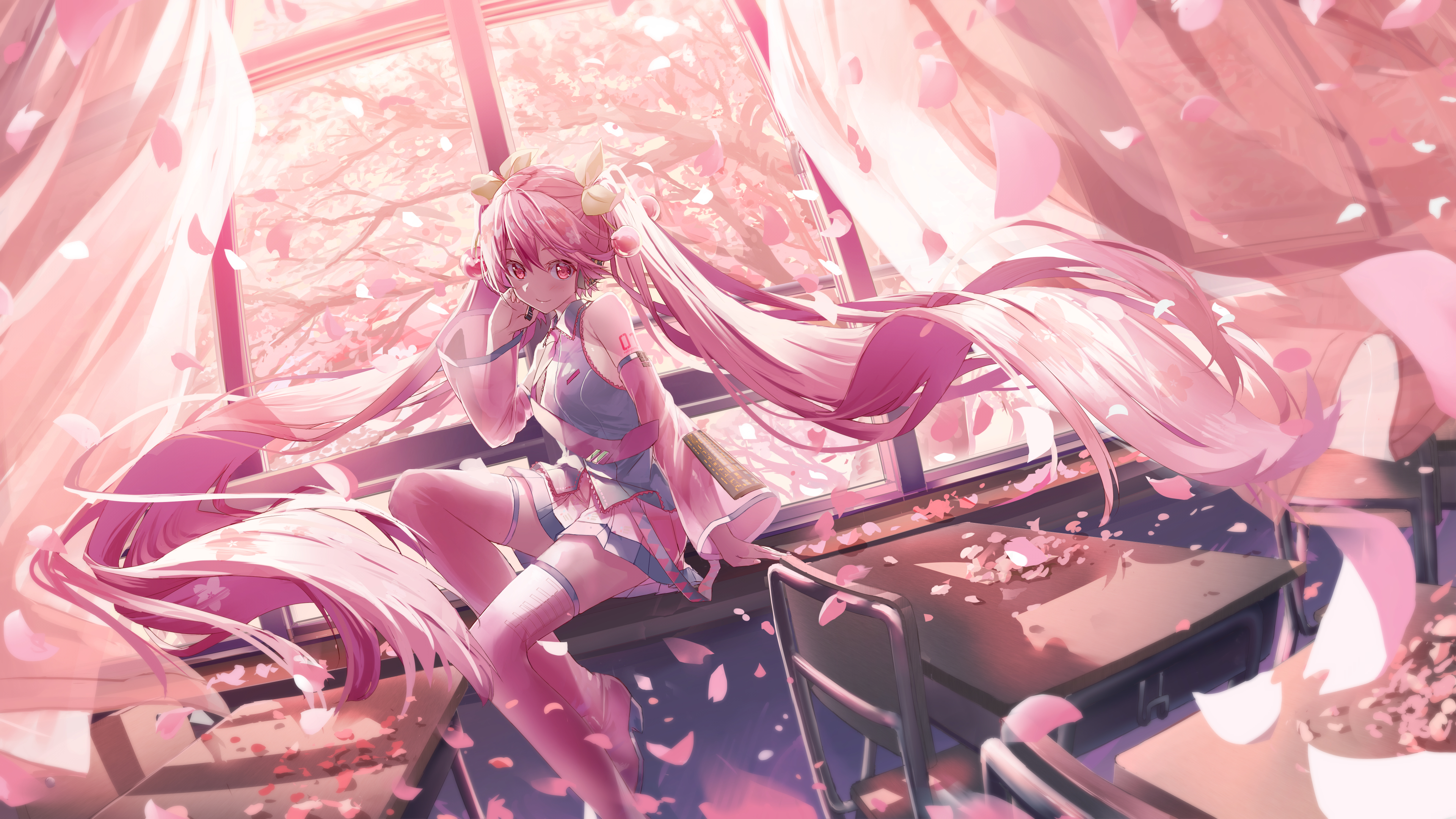 Anime 3840x2160 Hatsune Miku anime Vocaloid anime girls sitting classroom desk window curtains petals pink hair pink eyes looking at viewer cherry trees chair stockings