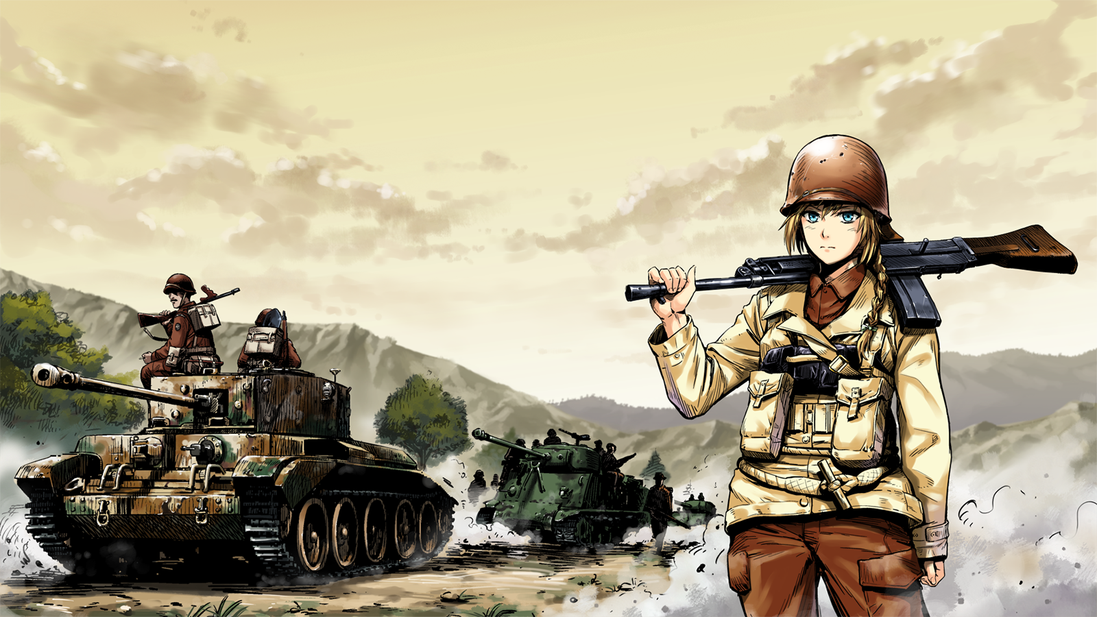Anime 1600x900 anime girls with guns World War II anime girls helmet tank sky clouds uniform gun girls with guns standing looking at viewer smoke braids military vehicle