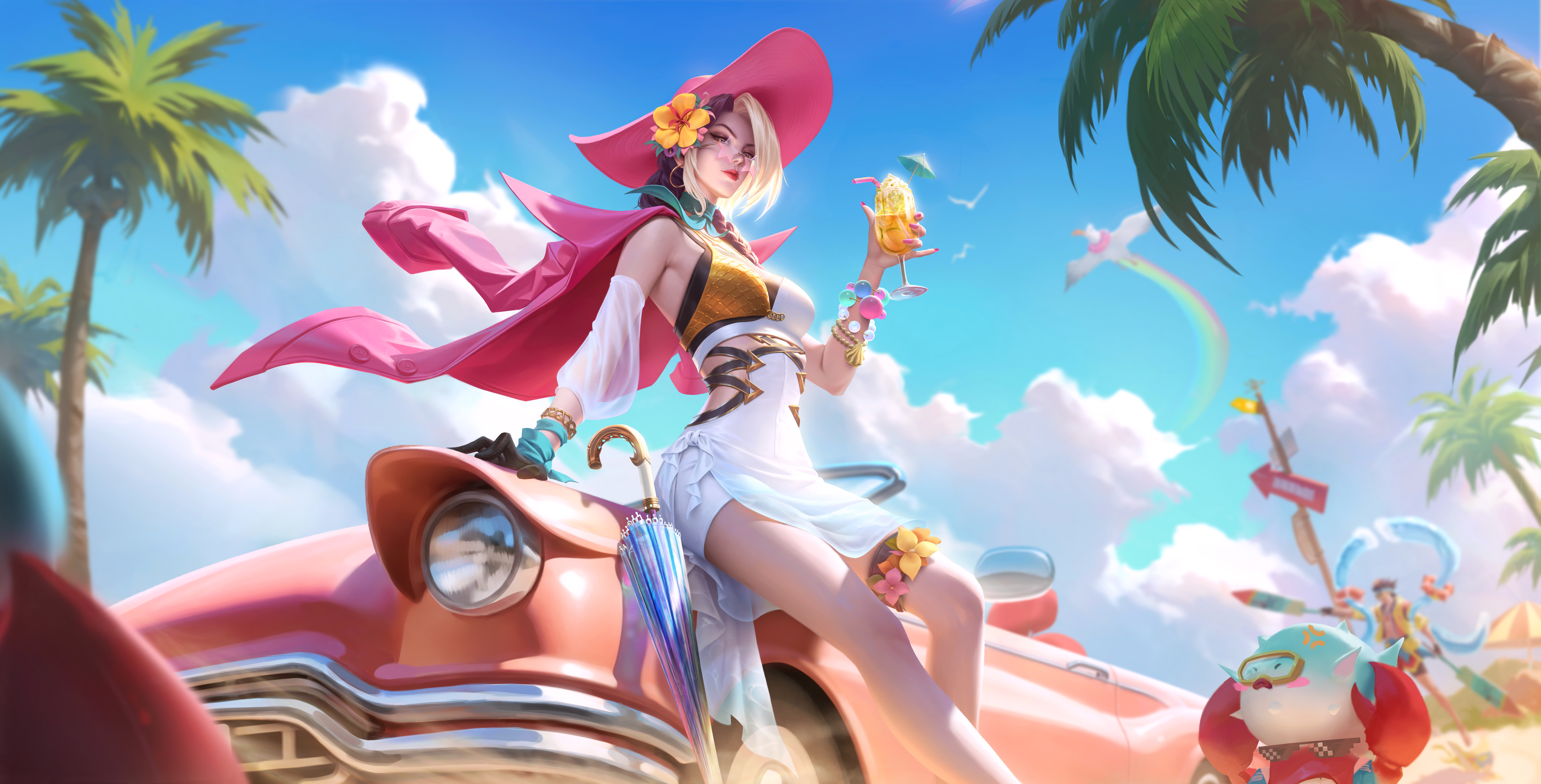 General 8486x4320 Honor of Kings summer carter skirt glass car swimwear two tone hair hat video game characters video game girls clouds video games sky palm trees umbrella flower in hair low-angle