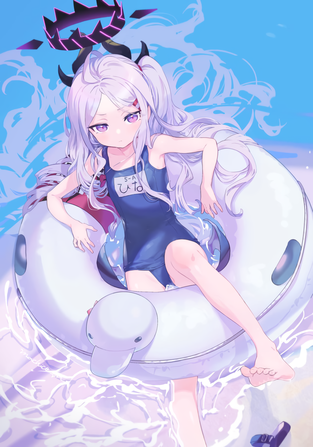 Anime 1262x1800 Sorasaki Hina (Blue Archive) Blue Archive anime girls anime games swimwear school swimsuits white hair purple eyes portrait display demon horns anime girl with wings one-piece swimsuit long hair looking at viewer water feet loli