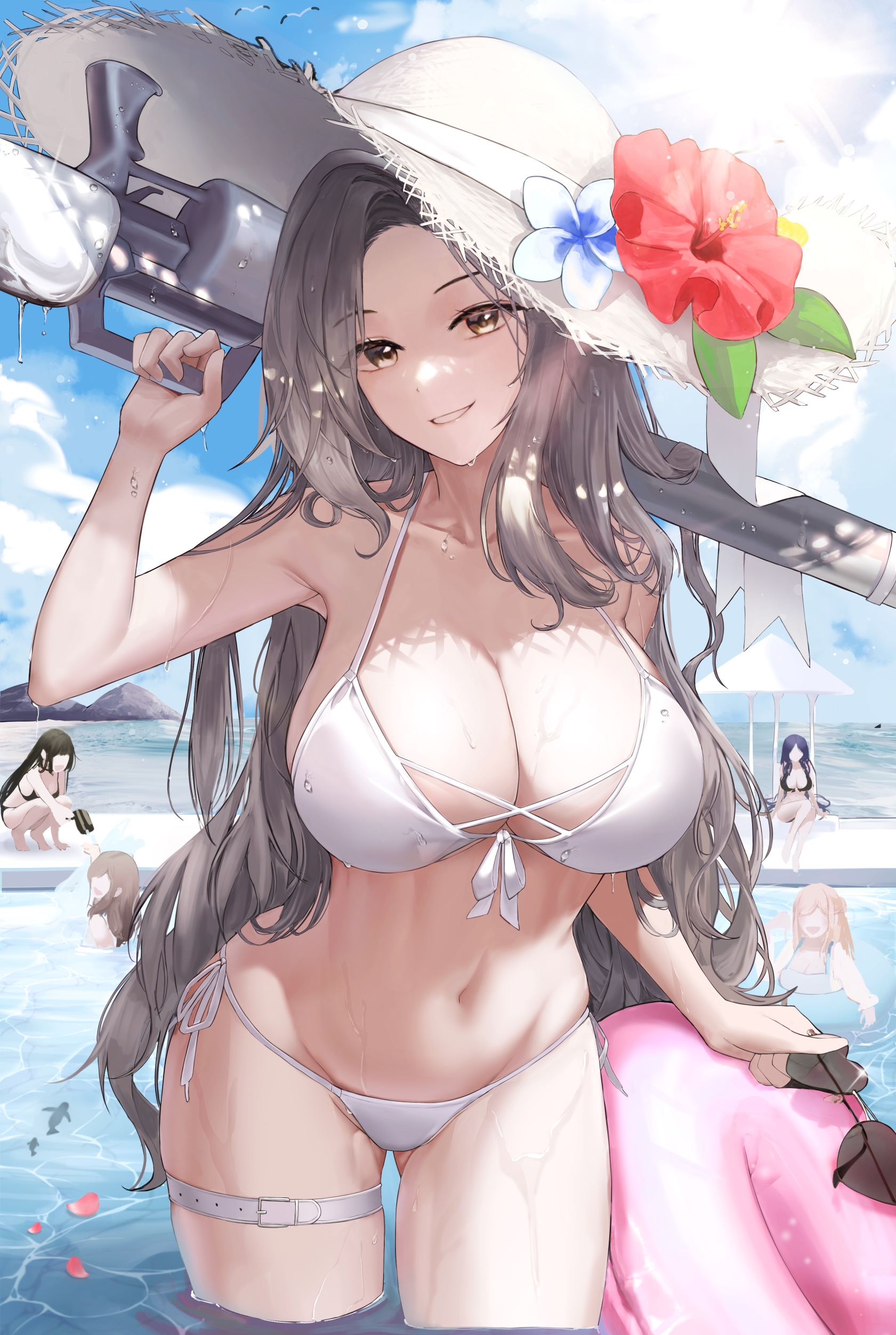 Anime 1681x2504 anime girls portrait display group of women women bikini wet swimsuit wet looking at viewer standing in water water dalla (888 dalae) sun hats water guns white bikini wet hair yellow eyes gray hair string bikini petals straw hat hibiscus big boobs cleavage flowers smiling sunlight clouds belly button belly swimming pool hat dappled sunlight sunglasses long hair floater heart sunglasses