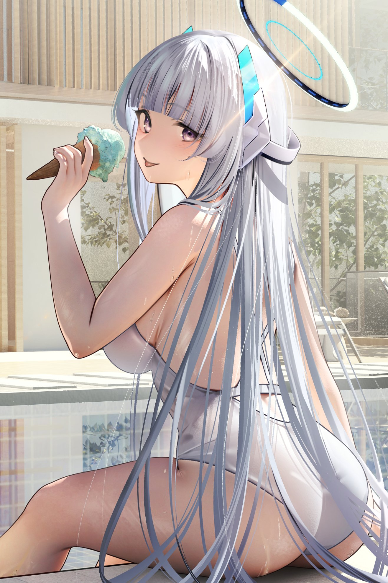 Anime 1316x1974 Blue Archive anime girls white hair purple eyes portrait display long hair ass swimwear ice cream looking at viewer one-piece swimsuit water swimming pool tongue out wet wet body reflection big boobs Ushio Noa halo